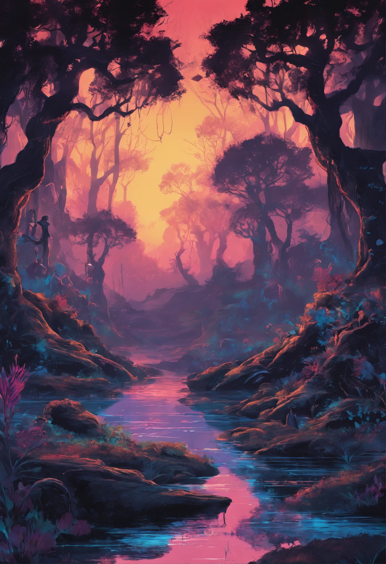 Intricate black light artwork featuring a cosmic dance of neon dragons intertwined with ethereal flowers, each scale and petal emitting a vibrant glow, creating a surreal and mesmerizing scene, Artwork, UV paint on canvas