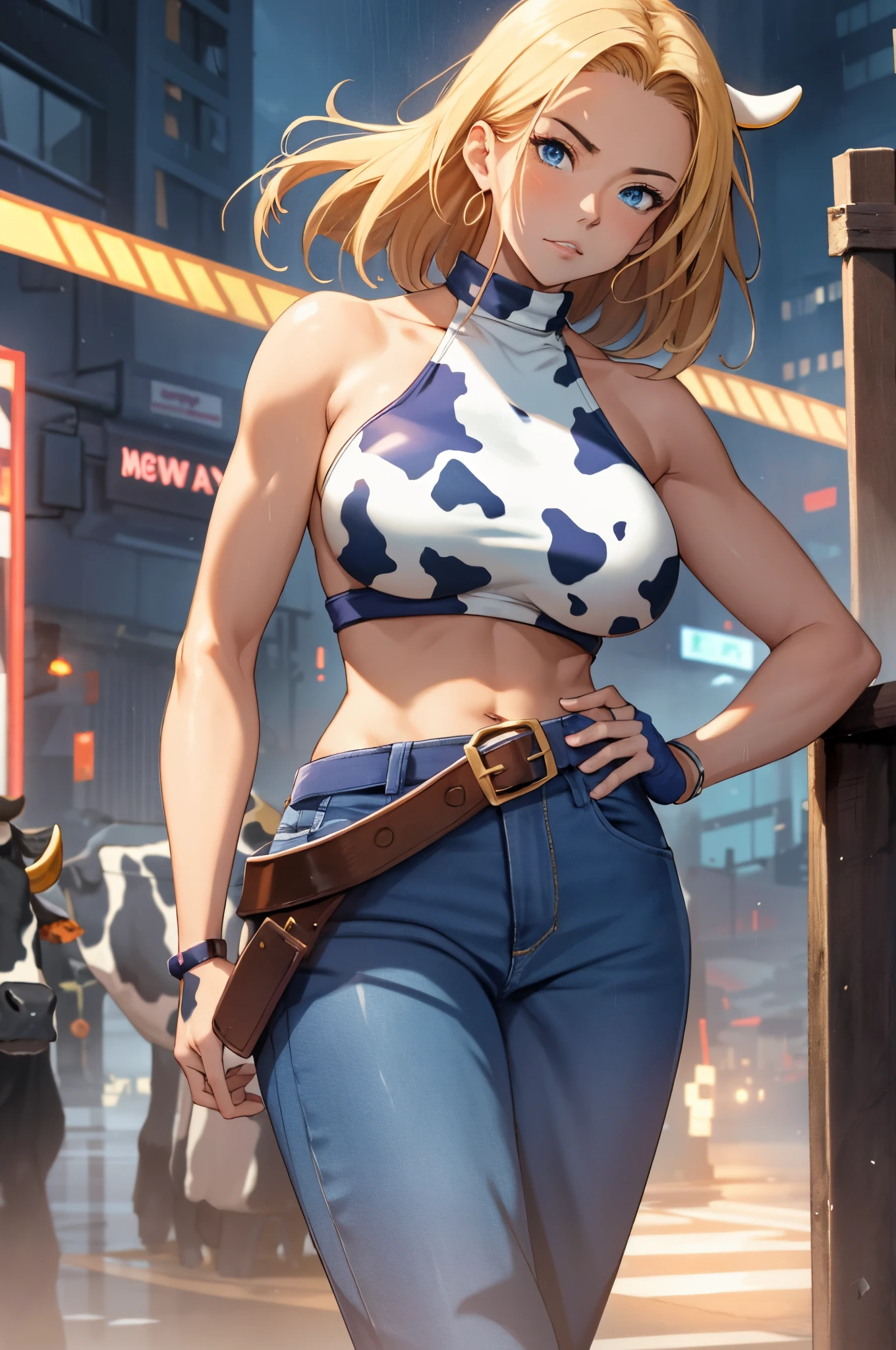 maryms, Best quality,(Big breasts are beautiful), 1 busty girl,physically-based renderingt ,Ultra-high sharpness,(cow boy shooting:1.5),Willow waist, Skinny, Ms. Leona ,Muscular, Big blue eyes,legs long,denim pant,Tong,smallunderboob,Puffy eyes, Tong,(rainy city), Glowing and radiant skin, face to the viewer, Winning pose,