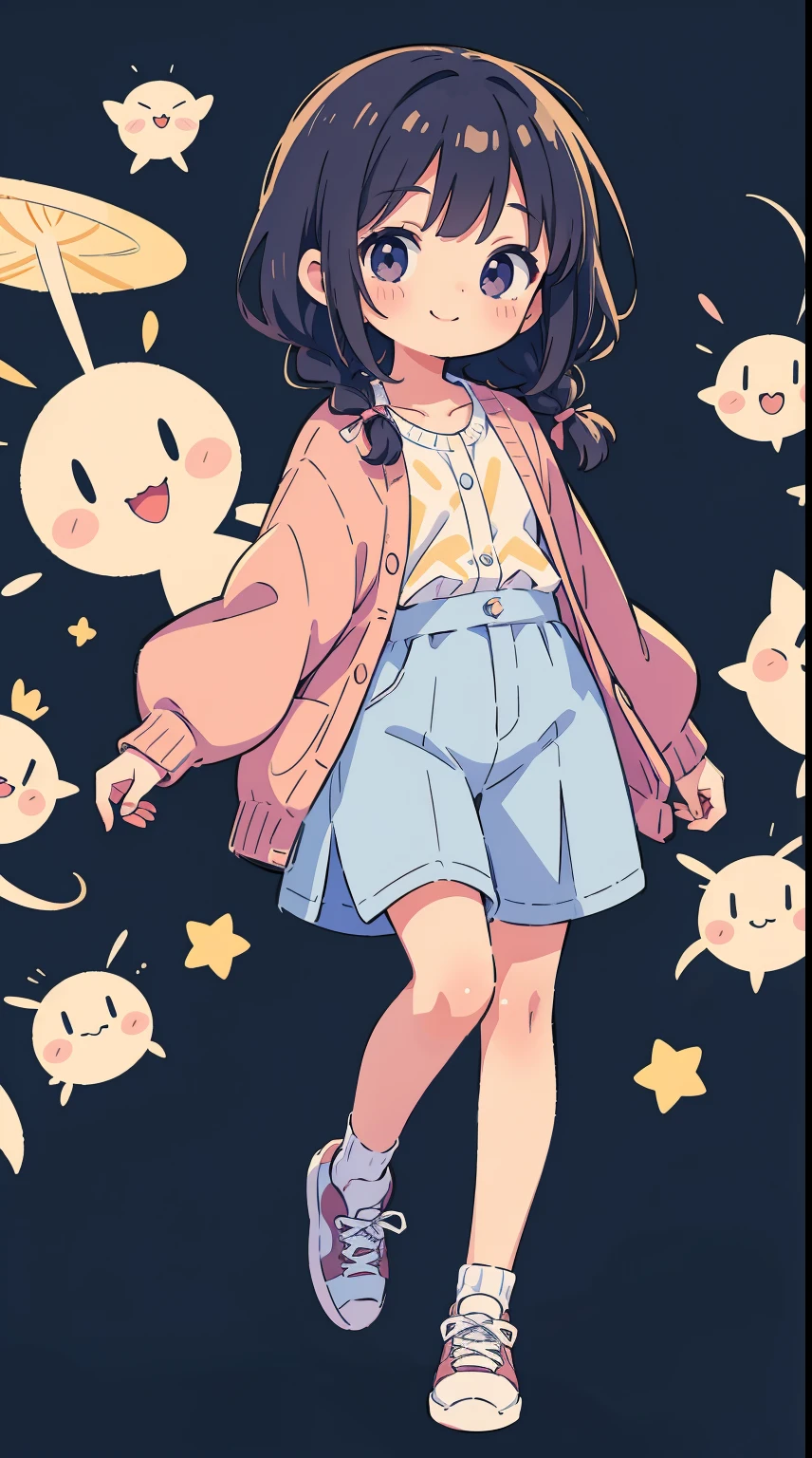 Child girl, little girl, loli,(incredibly absurdres absolutely resolution: 1.5), highest quality, masterpiece, ultra high resolution, 8k, (pants, light-colored cardigan, high-tech sneakers), shojo manga style, loli, soft line art, digital enhancement, shojo manga touch, shojo manga core, (hair length to shoulder)))), ( Short braids))), soft drawing, beautiful black hair, clear eyes, ((smile, wink)), ultra-detailed digital anime art, clear face depiction, ultra-detailed shojo manga character art, clear facial features, manga style, top quality colors, angle that you can see to your feet, entangle, beautiful and aesthetic: 1.5, high quality:1.3