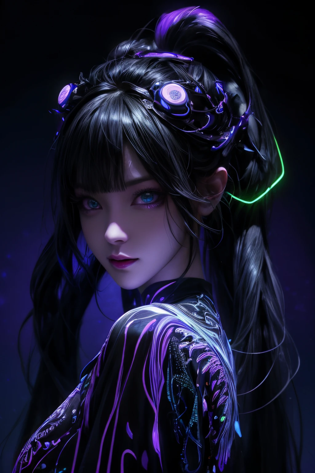 The content is very detailed, A high resolution, Best quality, tmasterpiece:1.2, actual, 詳細な目, detailed lips, Extremely detailed eyes and face, Long eyelashes, sporty attire, (((Black light art))), welcoming, (dark particles), bioluminescent black light:0.95, a vibrant one, Colorful, (Black light), complex composition, (Black light art), Complex, Symmetrical:0.5, Surreal.