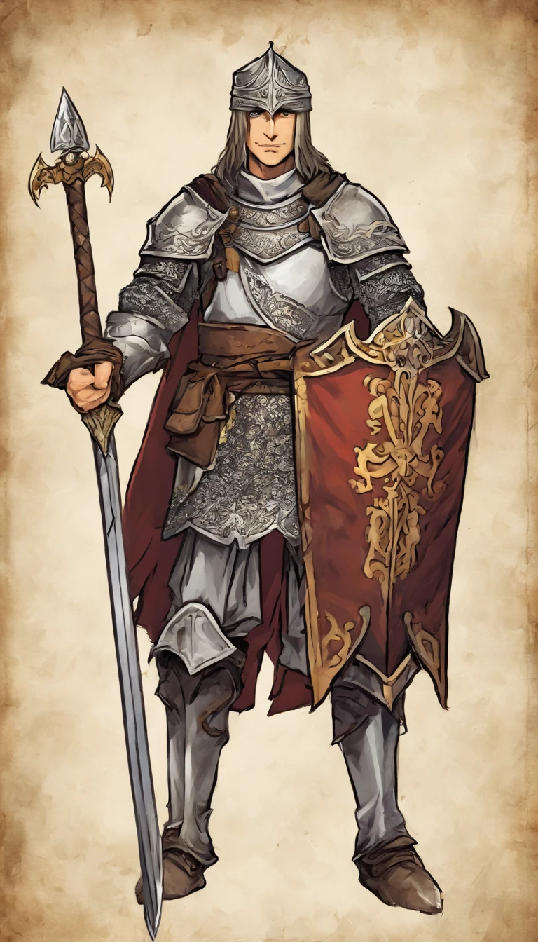 Exile Conan style, A knight (male people), Gray knight armor attached to the whole body, Wear a knight's helmet,1kid, gallant, slightly sloppy clothes, Medieval style clothing, simple clothing, Humanity, Gentle boy, , Skill pictures, Villager costumes,Cartoon animated villain,Cardboard material