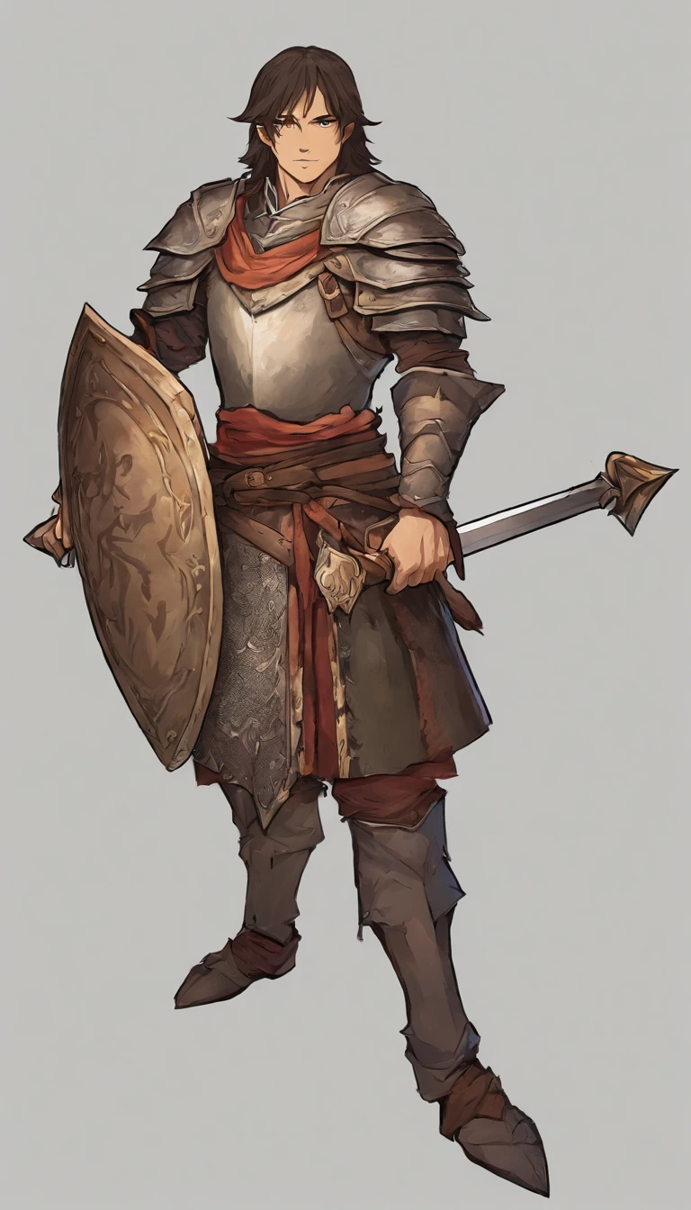Exile Conan style, A knight (male people), Gray knight armor attached to the whole body, Wear a knight's helmet，1kid, gallant, slightly sloppy clothes, Medieval style clothing, simple clothing, Humanity, Gentle boy, , Skill pictures, Villager costumes,Cartoon animated villain，Cardboard material