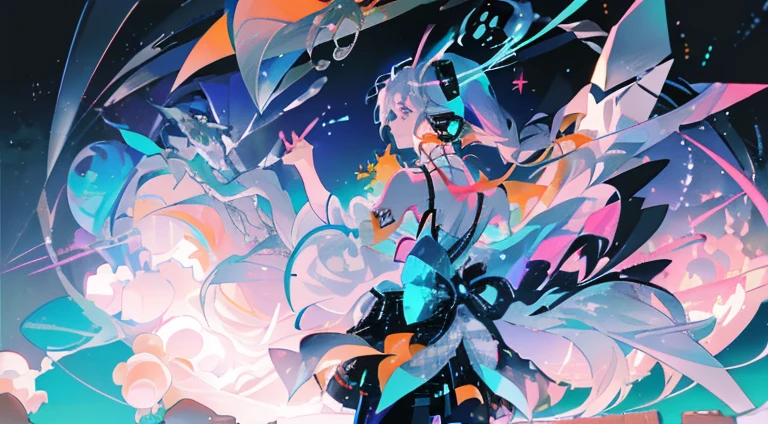 hatsune miku,(Masterpiece:1.2, hiquality), (pixiv:1.4),voluminous lighting,
back light,night time, hatsune(Outstanding picture quality),(The work of the wizard),(ultra-detailliert),(Detailed Eye Image:1.0),(lens flares:1.0),(Cinematic poster:1.0),(The Border of the Tarot:1.0),Character Center,( blueprint:1.0),(negative space:0.8),( Space:1.6),(独奏),(colourful{the wind| water||crystalline|icy|firey|Loimu|zipper|grid|Boulders|gravel|particle|glistering|bloods}:1.0),(Lots of colorful{ bubbles||spikes|grapes |electricity|spiral|Halo|CUBE|octahedron}:1.0),(Planktonic{reddish|verdant|green grass|water|violet|Yellow|black|A white|gray in color|pink there|Orange|lime} {bow ribbon|particle|EDH|drops|snowflake|softball}:1.0),({crystalline|icy|firey|Loimu|the wind|water|planet earth|stony|Space|musical|sound|Turns} {Magic}:1.0), ({ray traced,schadenfreude|Dappled sun rays,Rays of the disease,caustics|Mystic,eldritch|Carefree,pastels}:1.2), ({Colorful|Rainbow color|Multicolored}:1.0),(Beautiful detailed graphics:1.0),({slouched|seen from behind|tilted to the side|}:1.2),{ (ssmile:1.0)|(smirk:1.0)|(Grim expression:1.0)},({has a small|has a small||s lips、Lashes}:1.0),{grinning evily|:1.2},({Lashes|eyeshadows||}),{close one eye|||},({Red|Green|Blue|Aqua|Purple|Yellow|black|White|gray in color|Orange|lime} Hair:1.4 ),({short|Long} ),({From Bottom|From directly above|from side|From the rear|Front viewer}:1.3),(aura:1.3),(tilt of head:1.0),(Dynamic poses:1.1),(asymmetrical hair:1.2),({reddish|verdant|green grass|water|violet|Yellow|black|A white|gray in color|pink there|Orange|lime} ,({formal|Military|Technical wear and tear|urban style|casual,dresses casually|Fantasy,magician|Wild,tribal|science-fiction,,watch,time,}),({Plaid skirts|layered skirts|fluffy dressgoth|pants|Short pants}),({reddish|