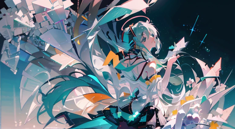 in style of Light tracing ,in style of data visualization design ,(Hatsune Miku is singing with wings),Side back,Wear iconic outfits and hairstyles,Green extra long double ponytails,Ethereal Holographic Center, neon wings, Founding Angel, Transparent holographic existence, projection mapping,black background,, beautiful details,Looking up angle