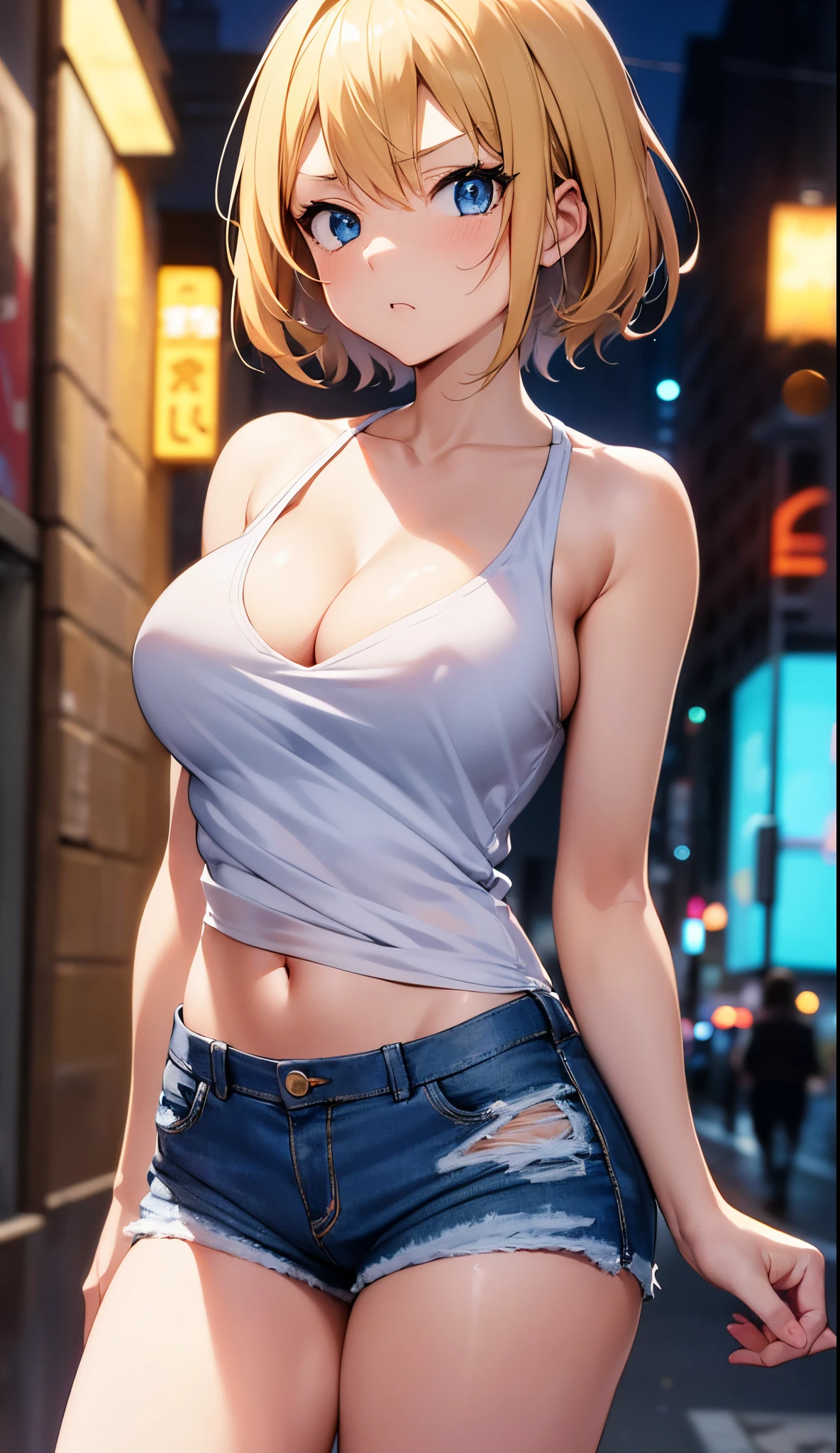 hight resolution、2D Anime Style、Beautiful blue eyes,(Talented lo-fi:1.3),breasts are slightly larger、A cool adult woman with short blonde hair and an angry expression....、Fashion that shows cleavage, white top and denim shorts,Walking around the city at night,