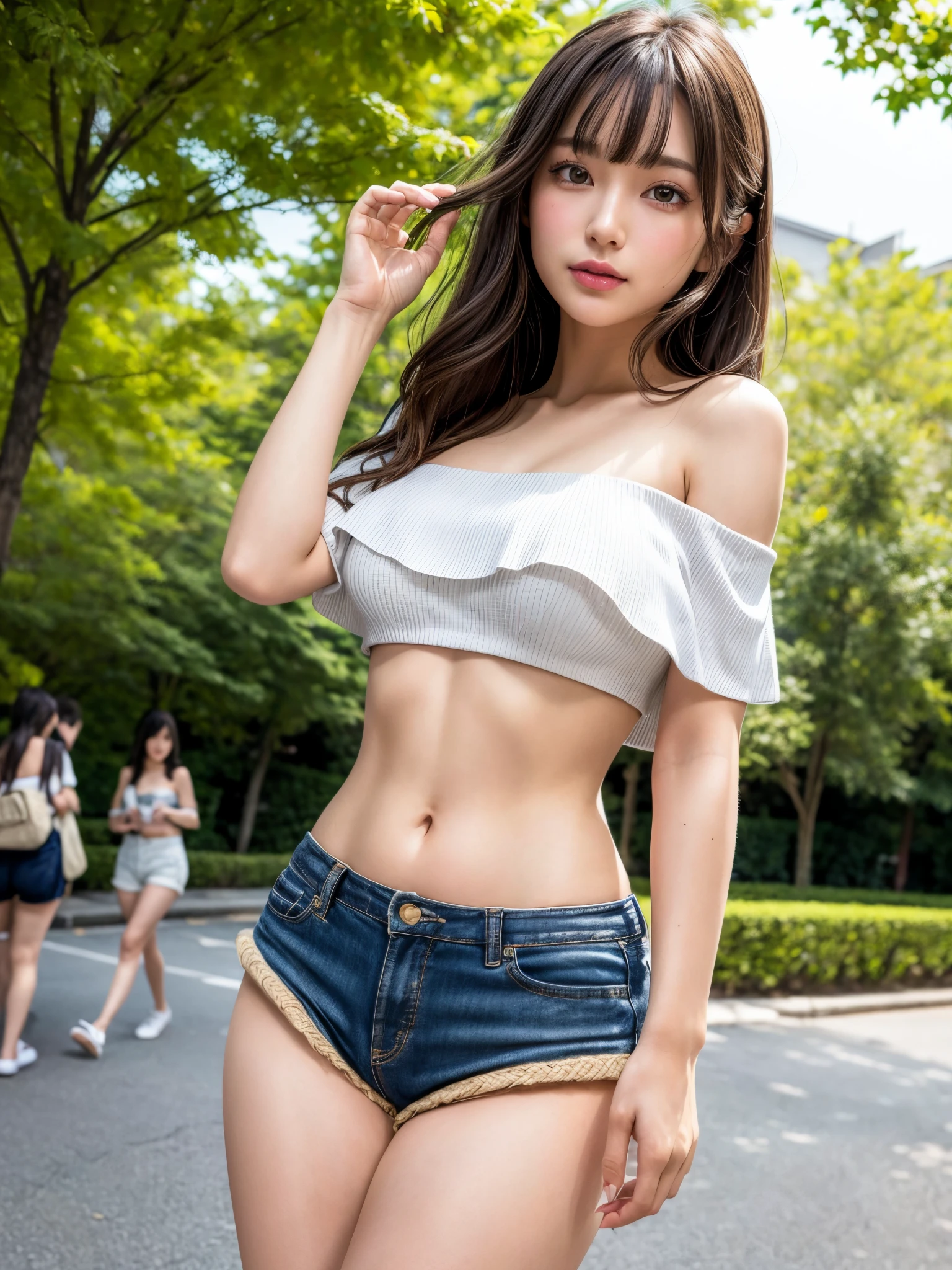 8k,best quality, masterpiece, ultra detailed, ultra high res, photorealistic, raw photo, absurdres, absolutely resolution, (1girl), cowboy shot, looking at viewer,from below,a Japanese young pretty girl, Japanese idol,hyper cute face, glamorous figure, large breasts,long bob hair,smile,(High-waisted shorts, off-the-shoulder top, espadrilles:1.3),beautiful eyes, Walking through a crowd of people,glossy lips, double eyelids in both eyes, natural makeup, long eyelashes, shiny smooth light brown long bob hair, asymmetrical bangs, shiny skin, central image, high resolution, high detailing, detailed hairstyle, detailed face, spectacular movie lighting, octane rendering, vibrant, hyper realistic, perfect limbs, perfect anatomy