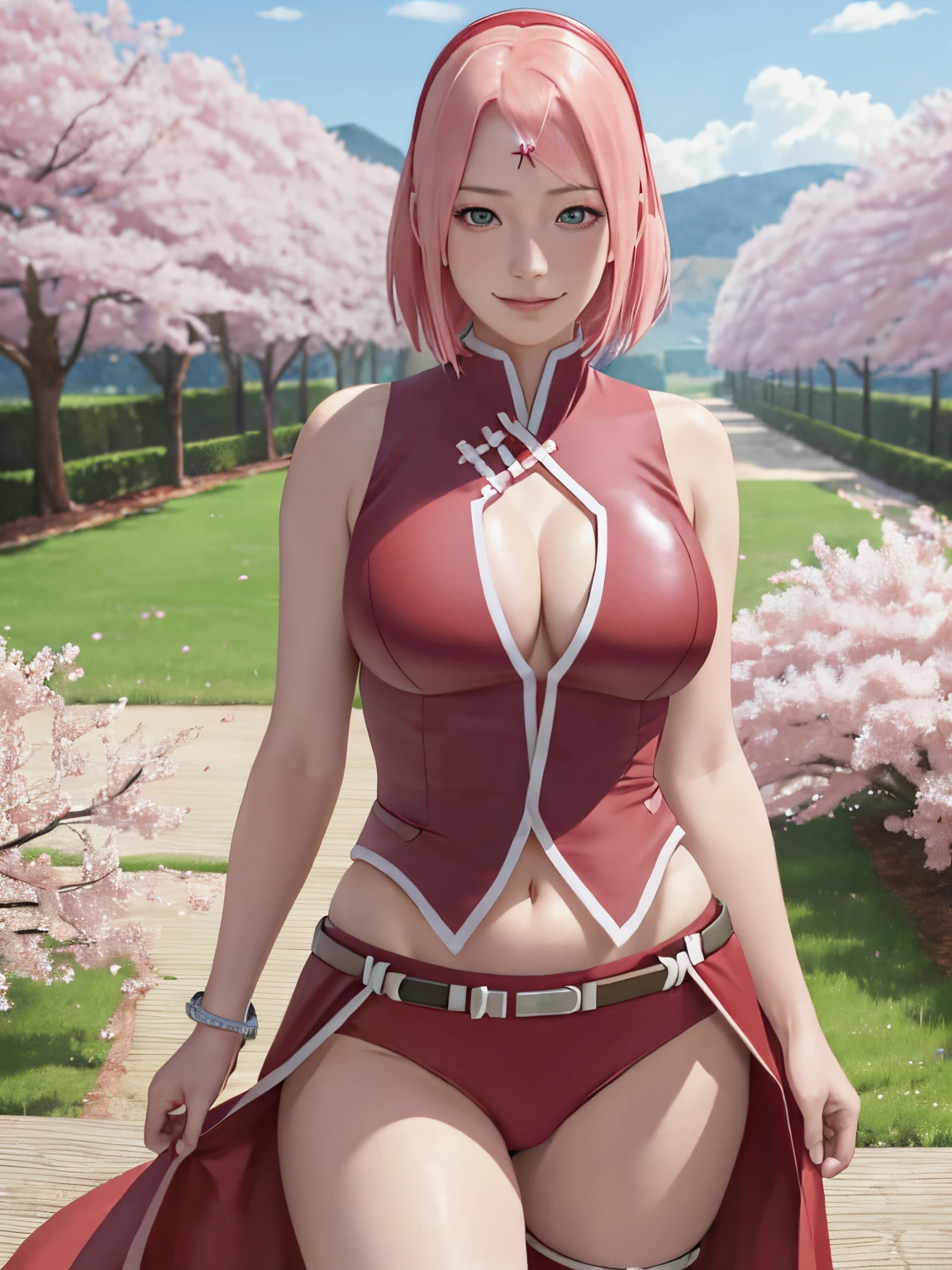 Realistic, Photorealistic,Cowboy shot,Masterpiece, absurdress ,1girl, haruno sakura, forehead mark, red hairband, red sleeveless dress,black panties, bellybutton, groin, A bracelet, looking a viewer, Smile, cherry blossoms, Private garden, the wind, Floating hair, big breastes ,(((wide hips))), Toned body, 詳細な目,