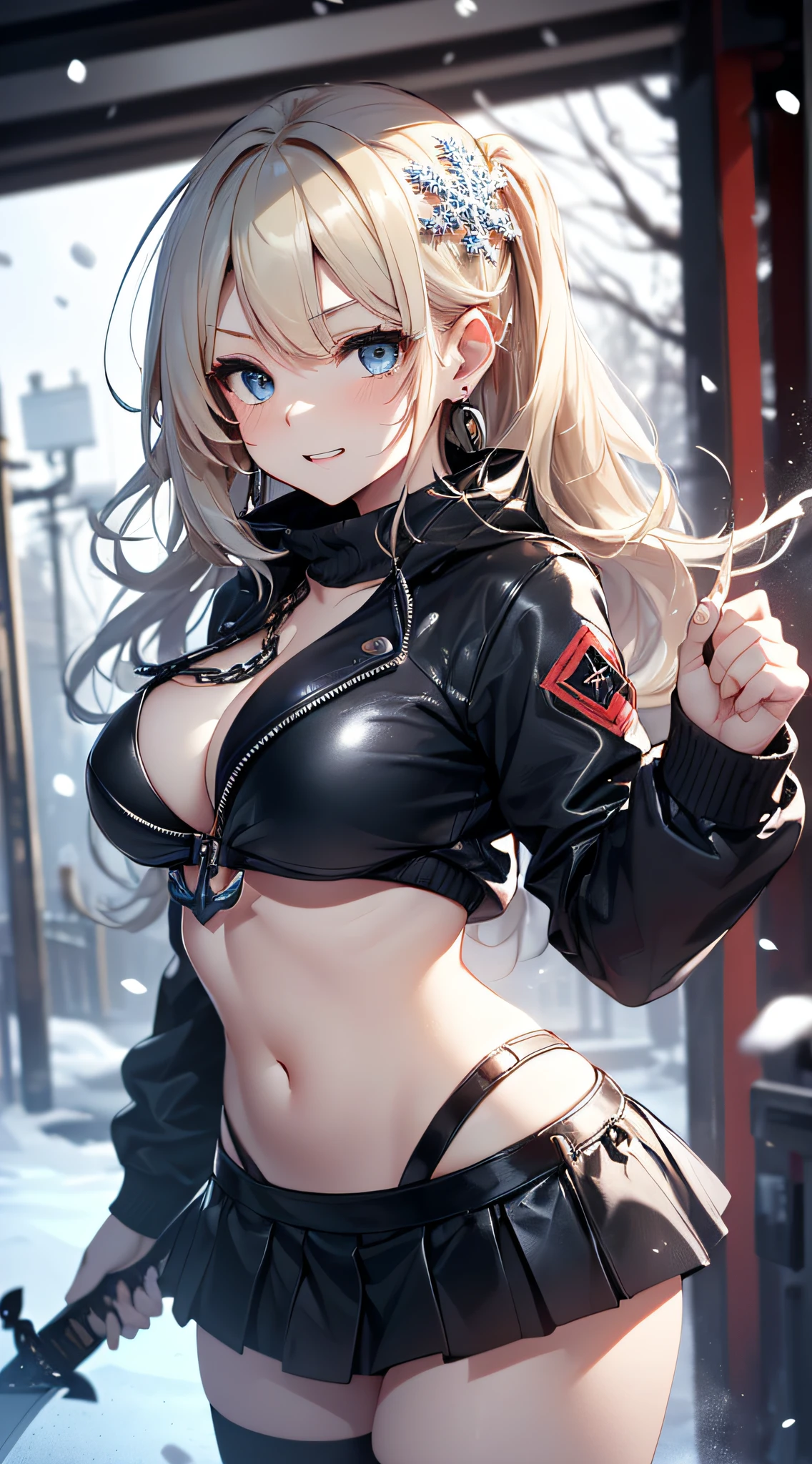 top-quality、Top image quality、masterpiece、girl with((Black Bikini、Black jacke、Black leather skirt、sixteen years old、 ager、cute little、Best Bust、big bast,Beautiful light blue eyes、Breasts wide open, a blond、A slender,Large valleys、belligerent movements,Warlike face、anchor chain、chain、Japan holding a sword、dye one's cheeks red、fighting poses、Laugh、sapphire earrings)),hiquality、Beautiful Art、Background with((universes、snowflakes falling、Heavy snow falls、Station platform)))、masutepiece、depth of fields,8K