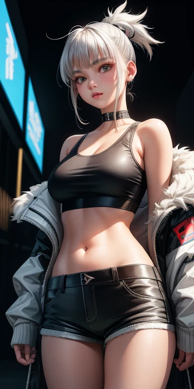Young girl, short gray hair, gray eyes, high ponytail, cyberpunk, white top, open belly, shorts, furcoat, masterpiece, high quality, SilverWolf