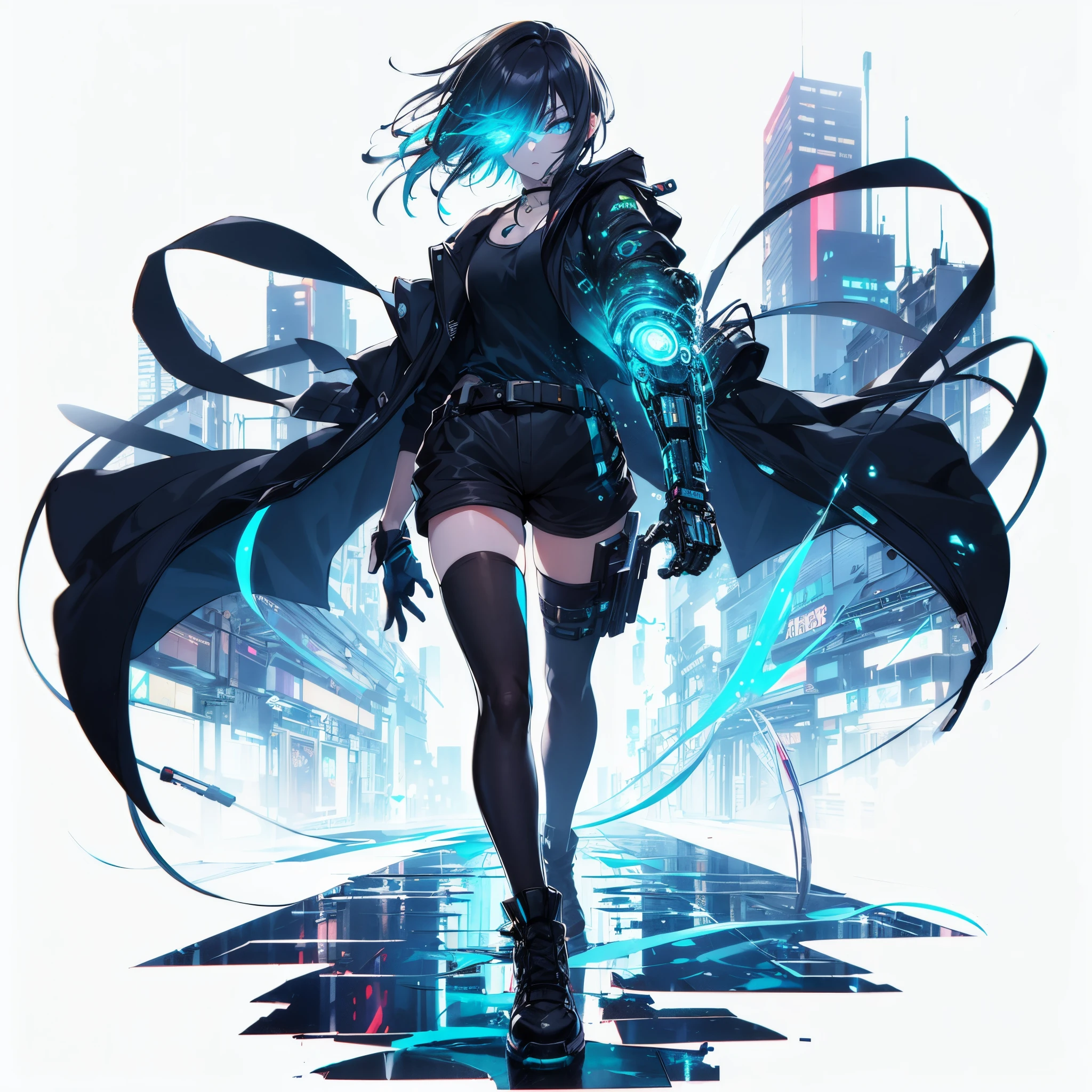 (masutepiece, Best Quality), (Perfect athlete body:1.2), (detailed hairs), Ultra-detailed, Anime style, Full body, Solo, cyberpunk grappler girl, Wearing a rage black long coat and shorts, Black hair, The left eye shines in neon blue, The mechanized left arm emits a neon blue light., Fighting Pose, standing downtown at night, Wearing long boots, 8K High Resolution, White background, Whole body,