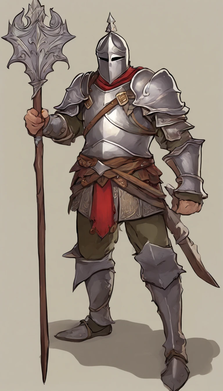 A knight (male people), Gray knight armor attached to the whole body, Wear a knight's helmet,1kid, gallant, slightly sloppy clothes, Medieval style clothing, simple clothing, Humanity, Gentle boy, , Skill pictures, Villager costumes,Cartoon animated villain,Three-headed cartoon villain,Cardboard material