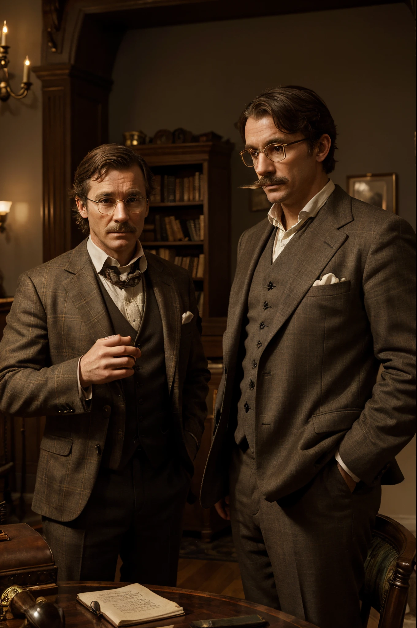 Dr. Steel, bald, in dark black glasses, thin, naked, passion, lust, correct anatomy, Victorian era, The most realistic face, realistic body, detailed face, against the background of a telescope