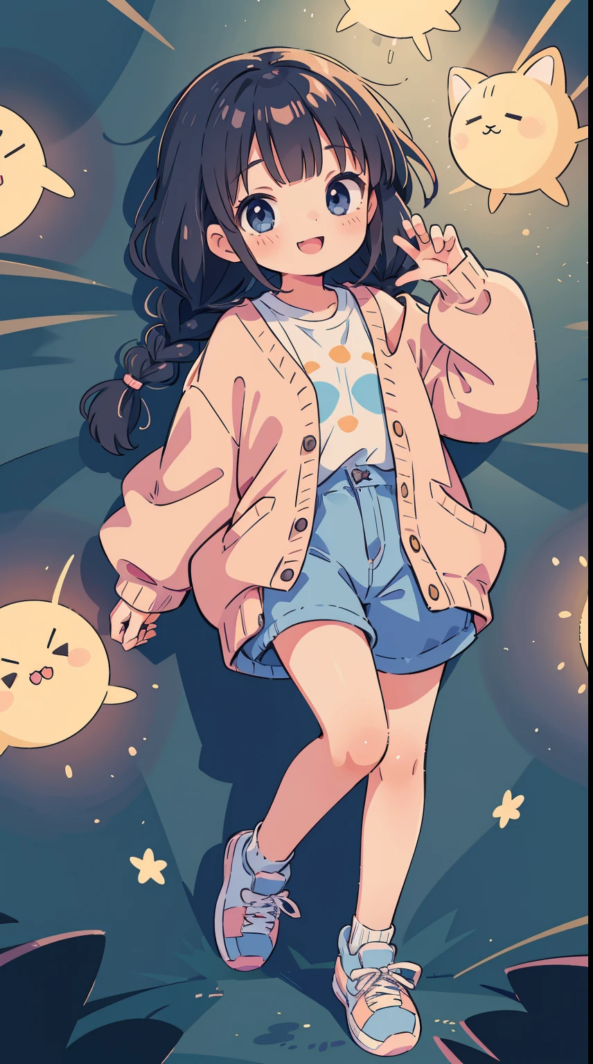 , loli,(incredibly absurds absolutely resolution: 1.5), highest quality, masterpiece, ultra high resolution, 8k, (pants, light-colored cardigan, high-tech sneakers), shojo manga style, loli, soft line art, digital enhancement, shojo manga touch, shojo manga core, (hair length to shoulder)))), ( Short braids))), soft drawing, beautiful black hair, clear eyes, ((smile, wink)), ultra-detailed digital anime art, clear face depiction, ultra-detailed shojo manga character art, clear facial features, manga style, top quality colors, angle that you can see to your feet, entangle, beautiful and aesthetic: 1.5, high quality:1.3