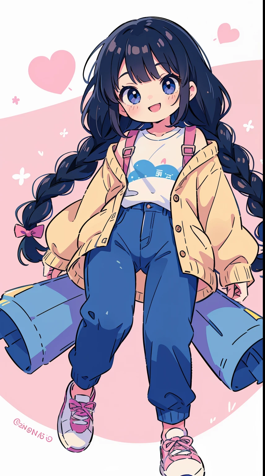 , loli,(incredibly absurds absolutely resolution: 1.5), highest quality, masterpiece, ultra high resolution, 8k, (pants, light-colored cardigan, high-tech sneakers), shojo manga style, loli, soft line art, digital enhancement, shojo manga touch, shojo manga core, (hair length to shoulder)))), ( Short braids))), soft drawing, beautiful black hair, clear eyes, ((smile, wink)), ultra-detailed digital anime art, clear face depiction, ultra-detailed shojo manga character art, clear facial features, manga style, top quality colors, angle that you can see to your feet, entangle, beautiful and aesthetic: 1.5, high quality:1.3