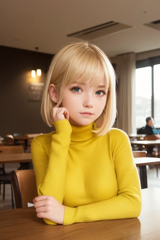 a very cute blonde girl wearing yellow-green chest-hole-cut-out turtleneck sitting in cafe posing for picture, bob-cut hair, raw photo