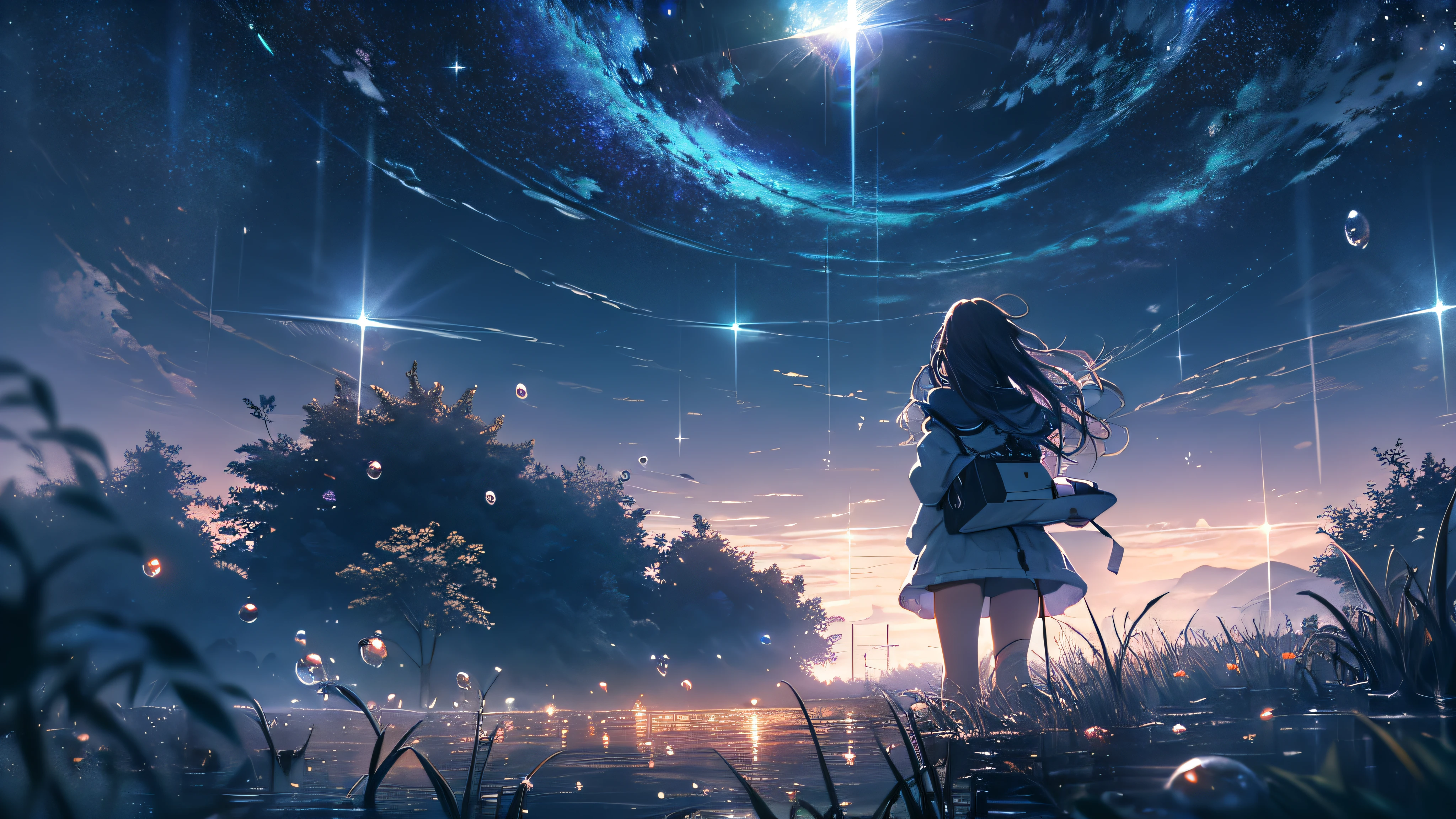 Starry sky pictures, (Best quality at best), (tmasterpiece), (realisticlying), (actual), ultra - detailed, Unity8k wallpapers, extremely detremely detailed CG, ray traycing, Sharp shadows, Wonderful details, depth of fields, Ultra detailed backgrounds, (context-oriented, horizon, Reflectors), (The sky is full of stars twinkling, There are a lot of blisters floating around):1.4, Quiet nights, midynight, wide wide shot, rear projection, from below, perfect litthing, in a panoramic view, Dynamic lens, Unfold naturally, Civilization is not visible, no buildings, The girls:0.2,