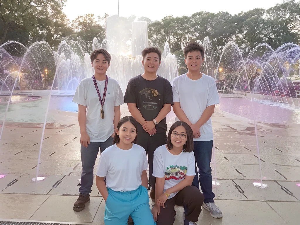 there are four people standing in front of a fountain, taken with the best dlsr camera, by Cherryl Fountain, photo taken in 2 0 2 0, taken at golden hour, taken with sony alpha 9, nostalgic 8k, non blurry, with wet faces!!, group photo, ssao 8 k, competition winning, family photo, end of an era