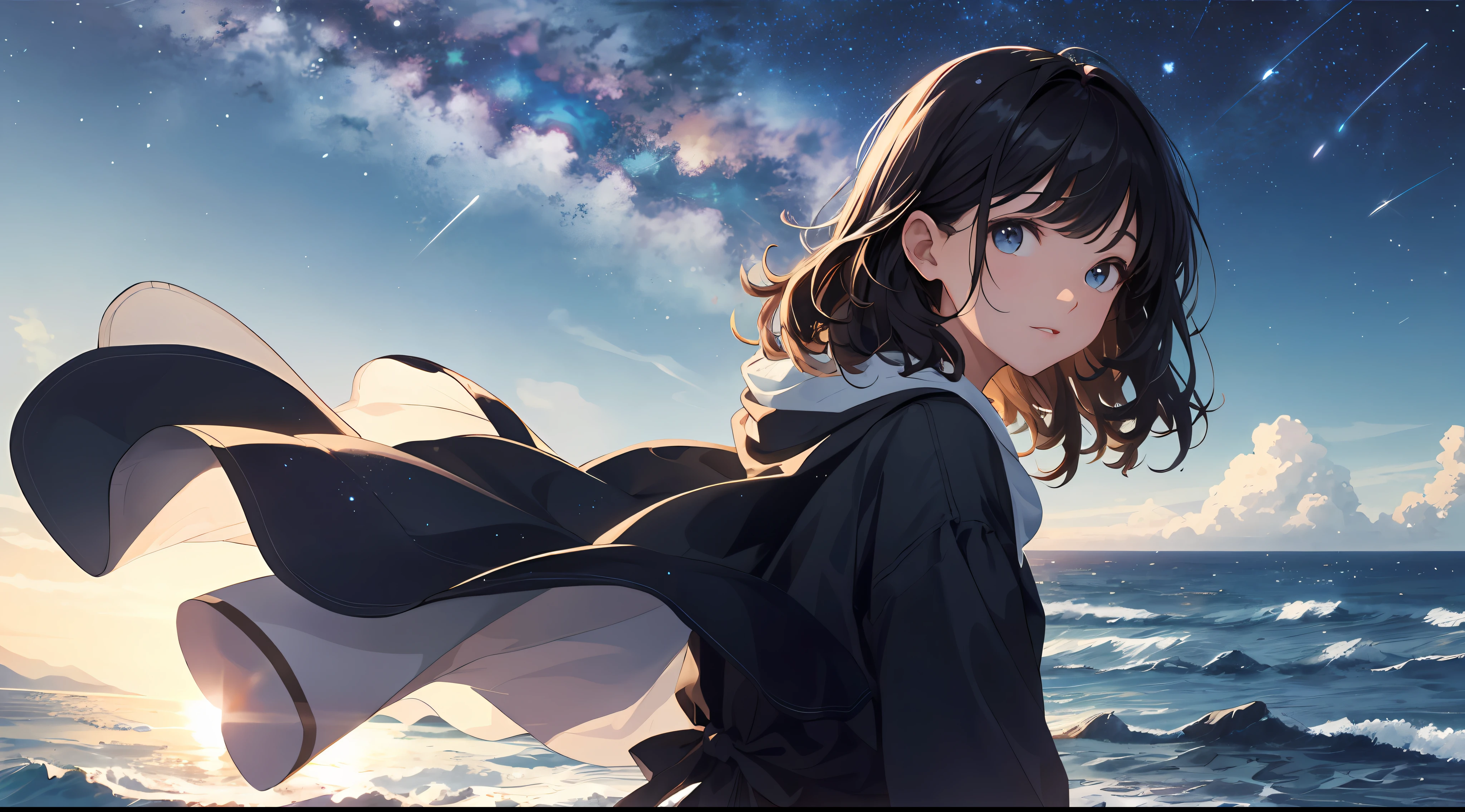 (Best quality at best: 1.5), (super detailing: 1.5), (Best quality photos: 1.5), Everywhere you look is the ocean, full of stars, meteor shower, dark sea, midynight, midynight, galaxias, Starcloud, Light particles, very delicate beautiful, The is very detailed, mistic, Movie Angle, 8K分辨率, Elegant, perfect pubic, smooth private parts, Beautiful girl looking up at the sky, extremely cute, curled,