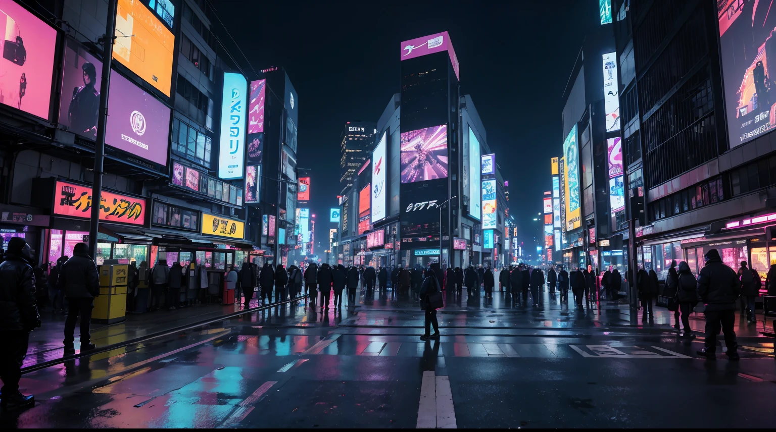Ultra calidad, foto realismo, Tokio ciberpunk, cyberpunk street with tall buildings and led lighting, Lots of neon lights, carteles luminosos led, television screens in buildings, Flying vehicles, naves espaciales volando