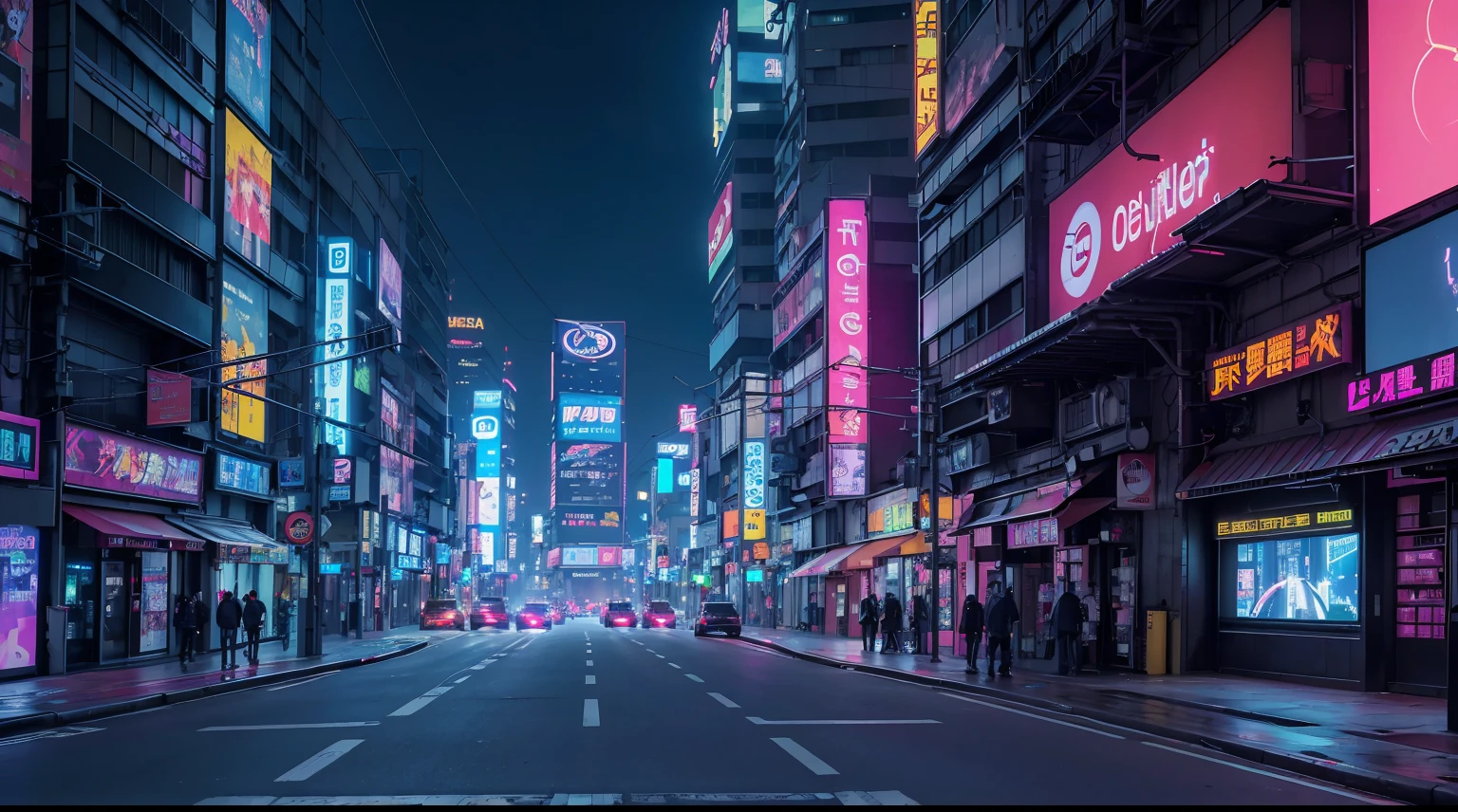 Ultra calidad, foto realismo, Tokio ciberpunk, cyberpunk street with tall buildings and led lighting, Lots of neon lights, carteles luminosos led, television screens in buildings, Flying vehicles, naves espaciales volando