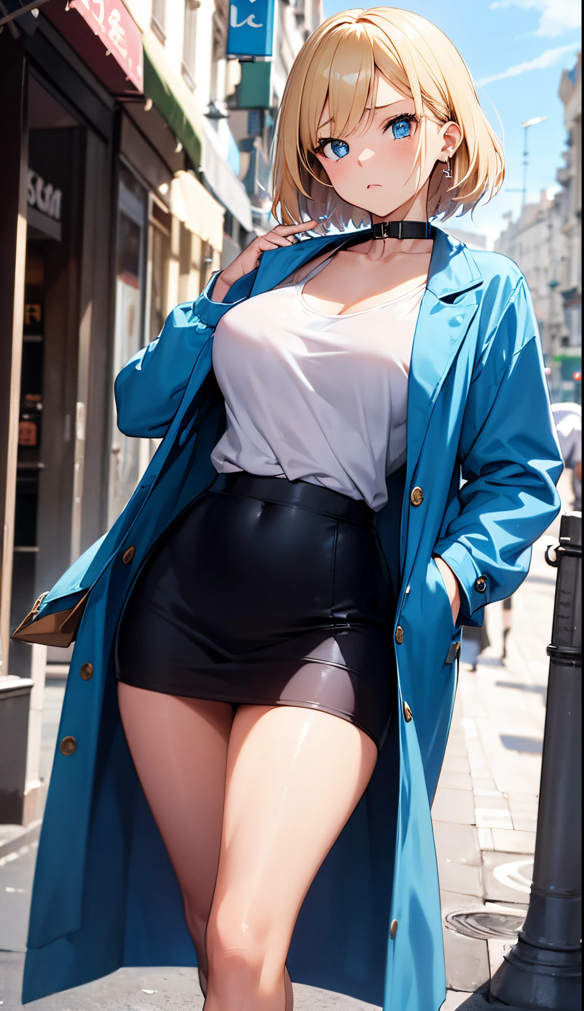 2D Anime Style、Blue eyes、breasts are slightly larger、A cool adult woman with short blonde hair and a serious expression....、Fashion to wear a coat with your stomach exposed, Walking the streets of Paris,