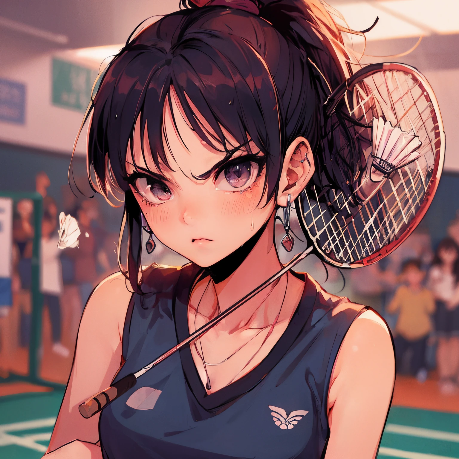 Best Quality, masutepiece,  High resolution, (Anime Heroine Illustration), Anime Paint, 1beautiful girl ,Dynamic Angle,Women's Badminton Players,small head,Large breasts,nice legs, Glowing skin, Sweat,At the badminton venue ,Cool,Detailed beautiful face,Detailed beautiful eyes,detailed hairs,detailed skins,Realistic Skins,Sweat,detailed  clothes,Cool,Tears