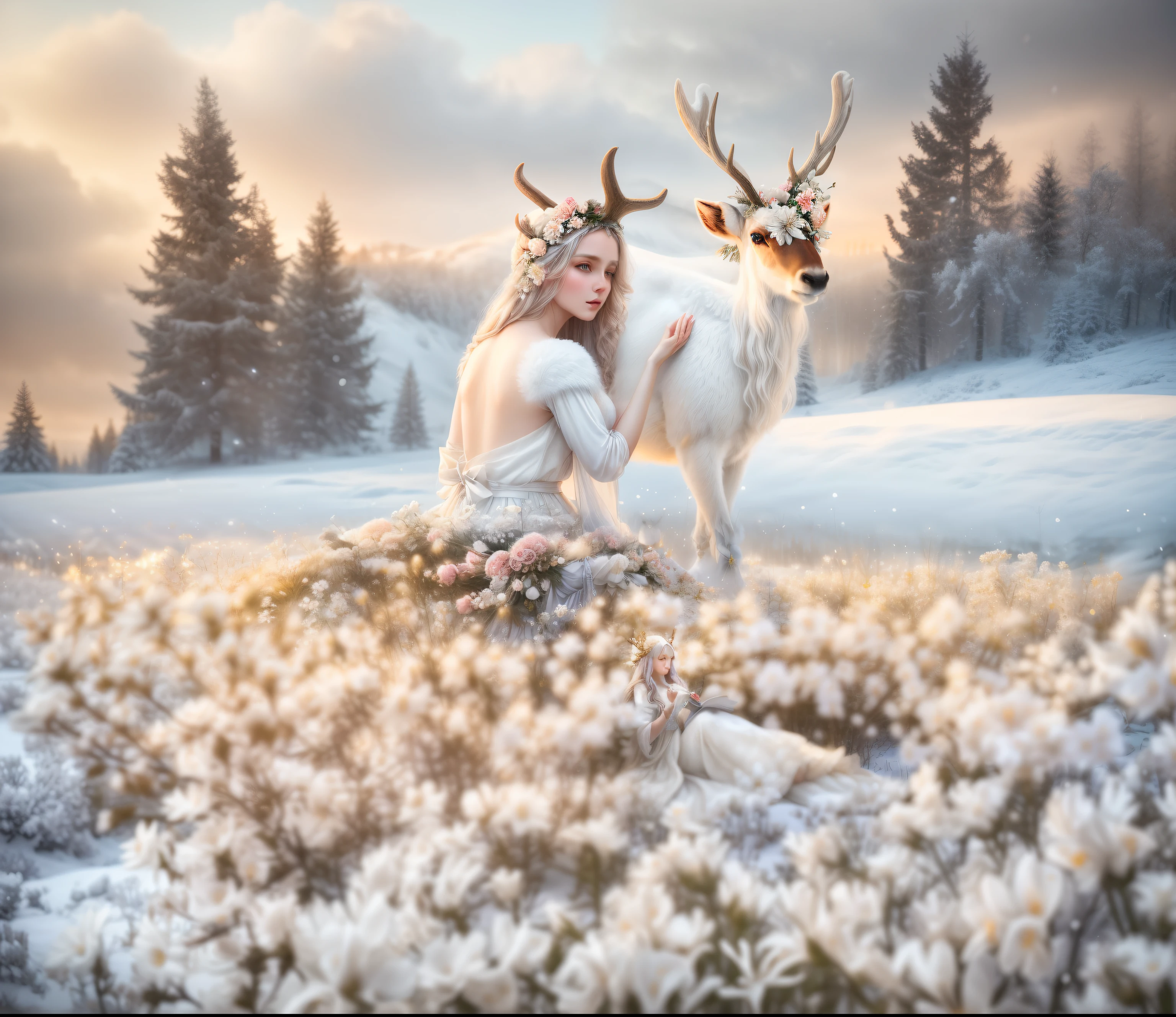 (a woman in a white++++++ gown), (sitting with deer in the snow), (((graceful horns on the head))), ((((((flowers around deshushki : 1,75)))))), Fantasy photography, fantasy matte painting，Cute, inspired by the Limburg brothers, lost in a dreamy fairy landscape, The White Witch, Young woman with horns, Anna Boch, by Emma Andijewska, Lucia Peca, ethereal fairytale, beautiful nordic woman, with magical creatures, Realistic fantasy photography, inspired by Anka Zhuravleva, Anka Zhuravleva, Pale ivory skin