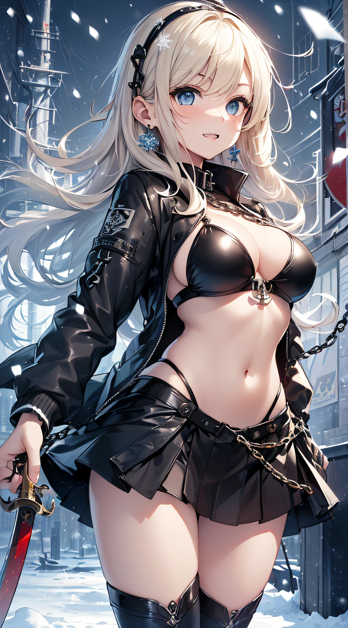top-quality、Top image quality、masterpiece、girl with((Black Bikini、black jacket with rolled up sleeves、Black leather skirt、、teen ager、cute lit Bust、big bast,Beautiful light blue eyes、Breasts wide open, a blond、A slender,Large valleys、belligerent movements,Warlike face、anchor chain、chain、Japan holding a sword、dye one's cheeks red、fighting poses、Laugh、sapphire earrings)),hiquality、Beautiful Art、Background with((universes、snowflakes falling、Heavy snow falls、Station platform)))、masutepiece、depth of fields,8K