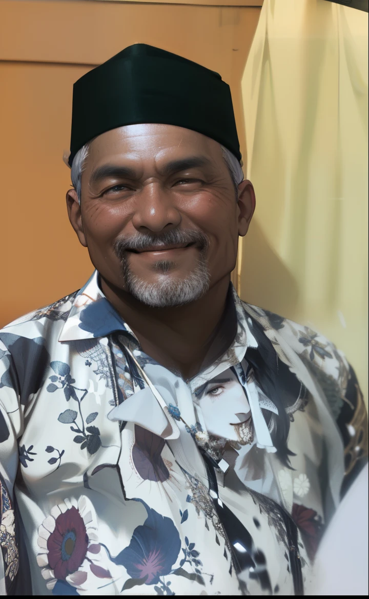 smiling man in a floral shirt and hat standing next to a man in a white shirt,Wearing a kopyah traditional Indonesian head covering, brown skin, 50 years old, portrait picture