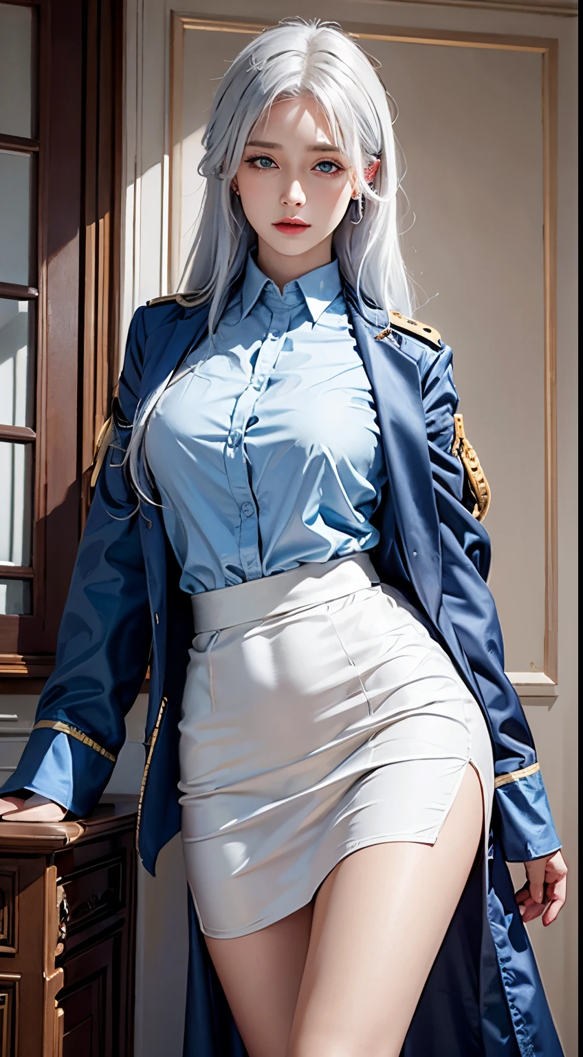photorealistic, high resolution, soft lights, 1women, solo, hips up, blue eyes, white hair, long hair, military uniform, jacket, shirt, skirt