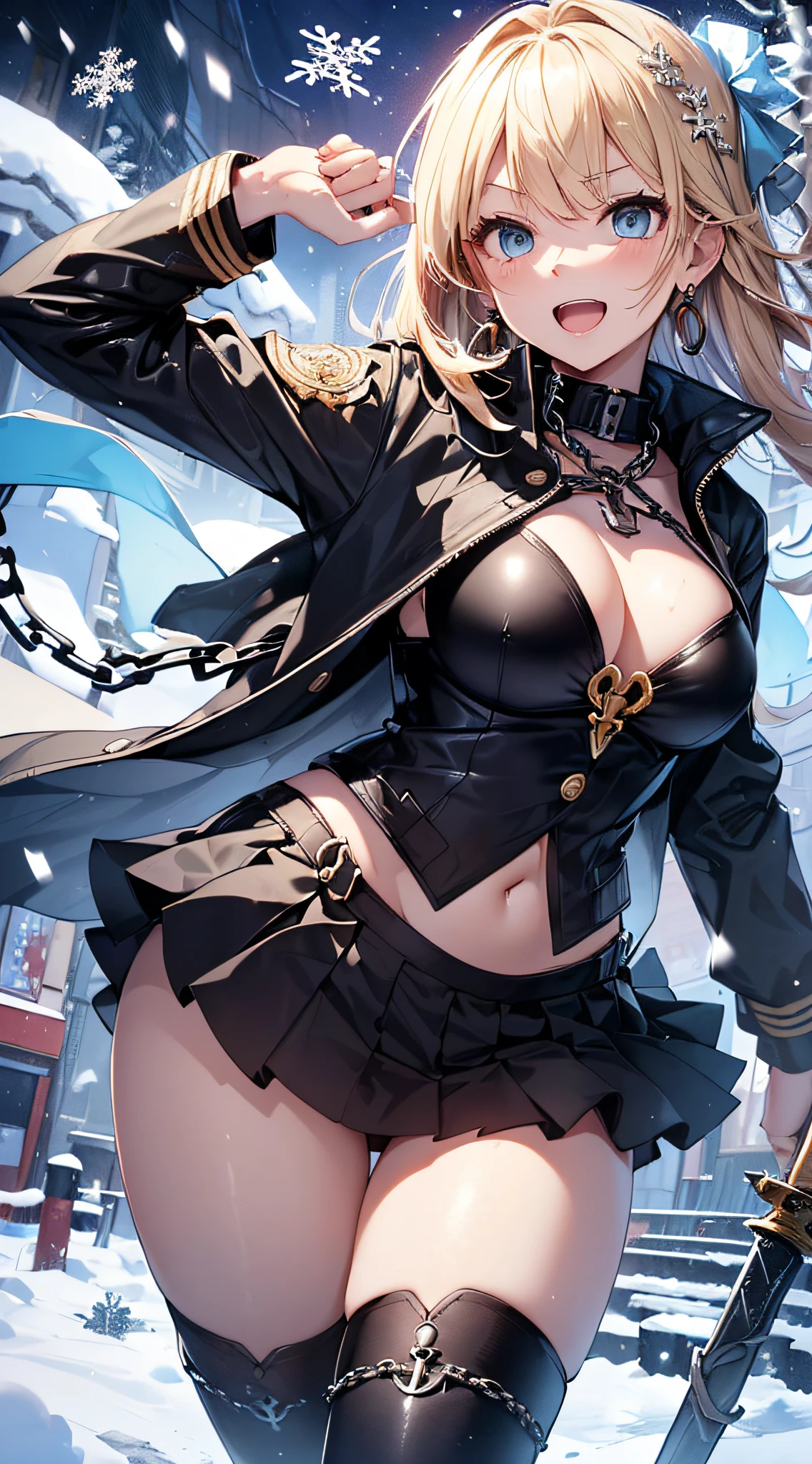 top-quality、Top image quality、masterpiece、girl with((Black Bikini、black jacket with rolled up sleeves、Black leather skirt、、teen ager、cute lit Bust、big bast,Beautiful light blue eyes、Breasts wide open, a blond、A slender,Large valleys、belligerent movements,Warlike face、anchor chain、chain、Japan holding a sword、dye one's cheeks red、fighting poses、Laugh、sapphire earrings)),hiquality、Beautiful Art、Background with((universes、snowflakes falling、Heavy snow falls、Station platform)))、masutepiece、depth of fields,8K