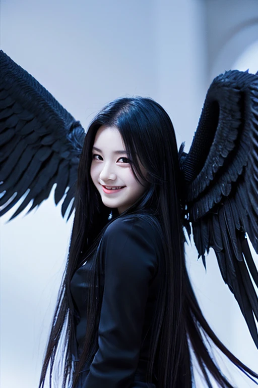 from below,full body,floating,1girl,very long black hair,evil smile,fallen angel,