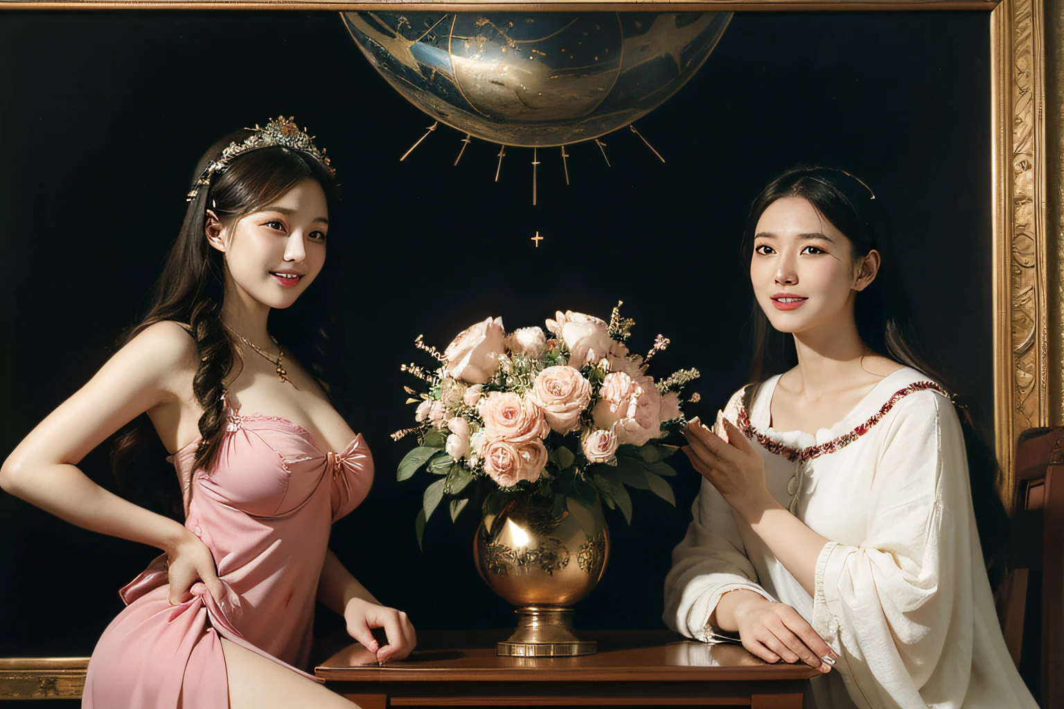 12 zodiac signs,quantum mechanics、Math、Astronomical machinery、astronault、Roses in a vase、fruits、,Colossal tits,A smile、Ancient Greek costumes、Paintings by Sandro Botticelli。Costume with stretched shoulders,huge smile,Chiaroscuro of Caravaggio,Cute smile, Expression of ecstasy,A sexy