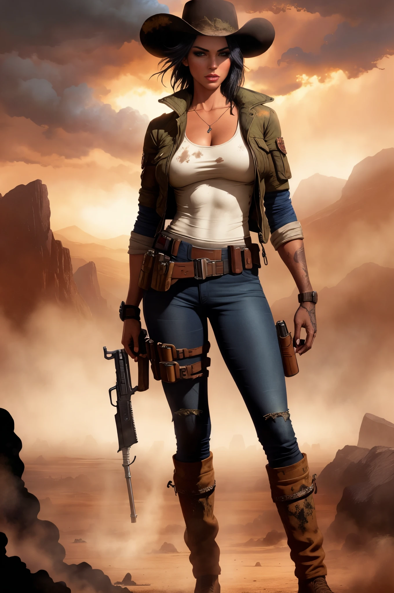 an attractive woman [gunslinger:bounty hunter:0.4] standing in a apocalyptic wilderness