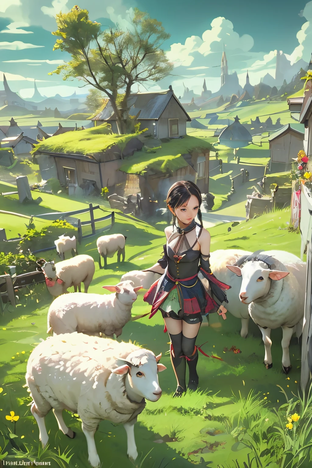Final Fantasy 11 world、Ronfort、Irish Dance、irish music、irish costume、country girl、idyllic scenery、Steppe zone、Sheep、Border collie、