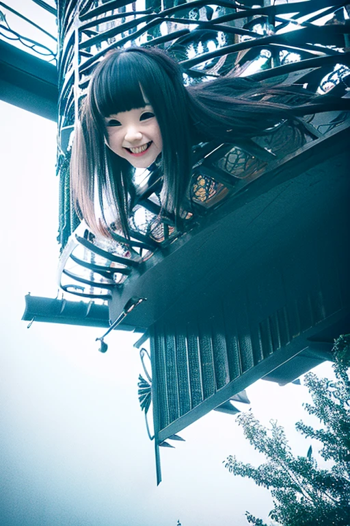 from below,full body,floating,1girl,very long black hair,evil smile,fallen angel,