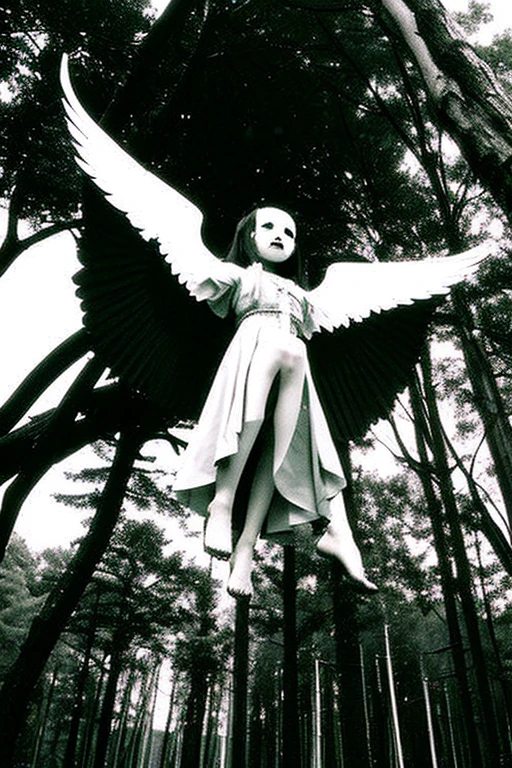 A naked Angel holding a leash and being carried by a demon on a leash