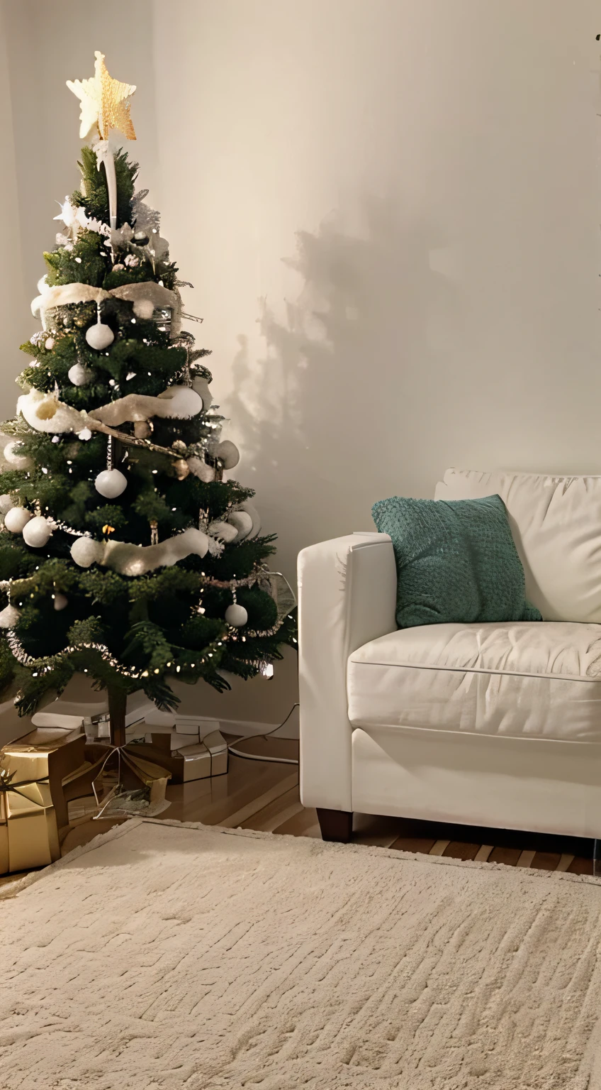 crie um ambiente sala de estar, com arvore de natal, paredes branca, white sofa and carpet