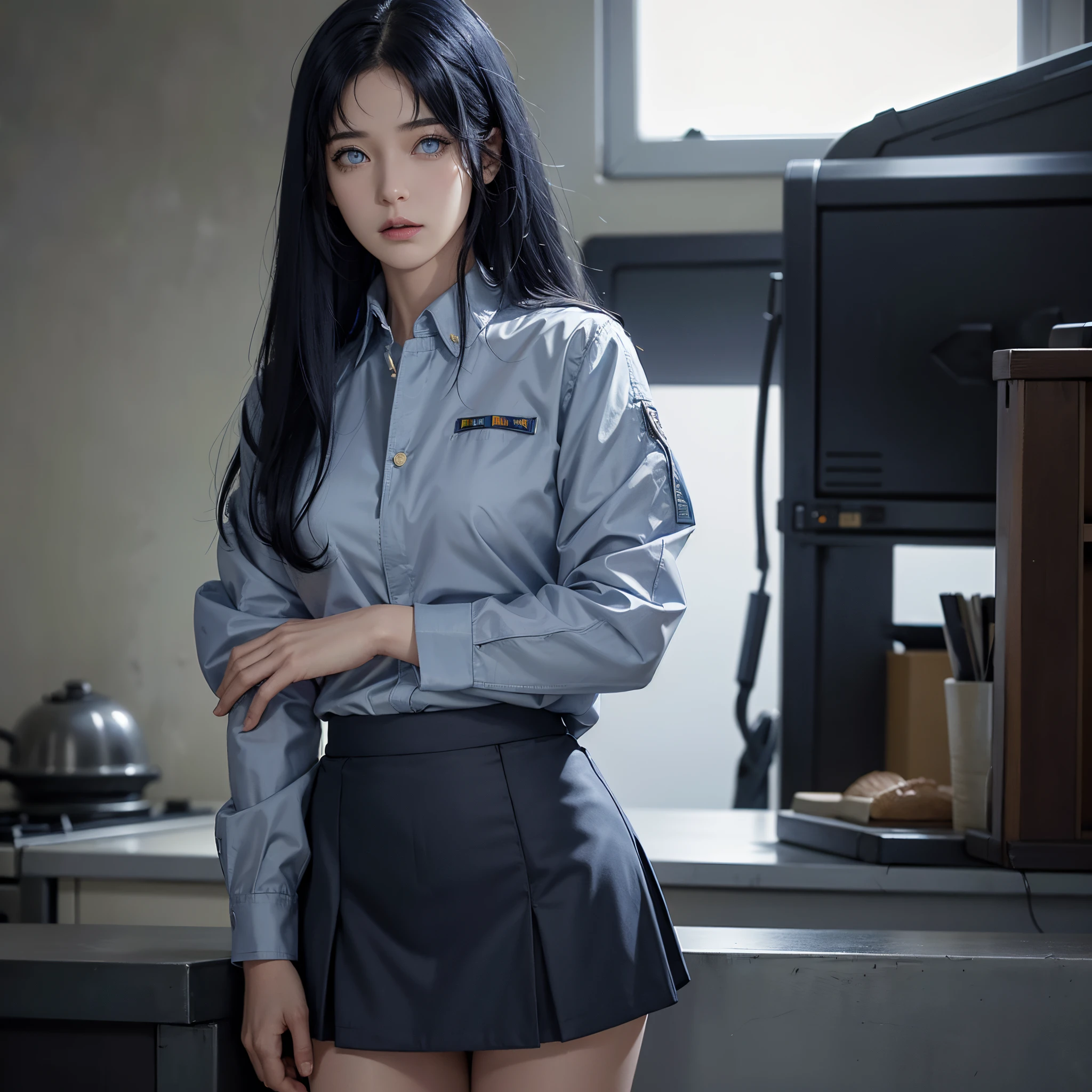 photorealistic, high resolution, soft lights, 1women, solo, hips up, blue eyes, Dark Blue hair, long hair, military uniform, jacket, shirt, skirt
