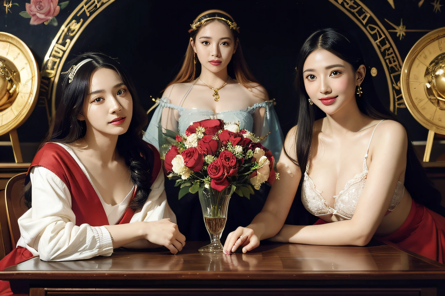12 zodiac signs,quantum mechanics、Math、Astronomical machinery、astronault、Roses in a vase、fruits、,Colossal tits,A smile、Ancient Greek costumes、Paintings by Sandro Botticelli。Costume with stretched shoulders,huge smile,Chiaroscuro of Caravaggio,Cute smile, Expression of ecstasy,A sexy