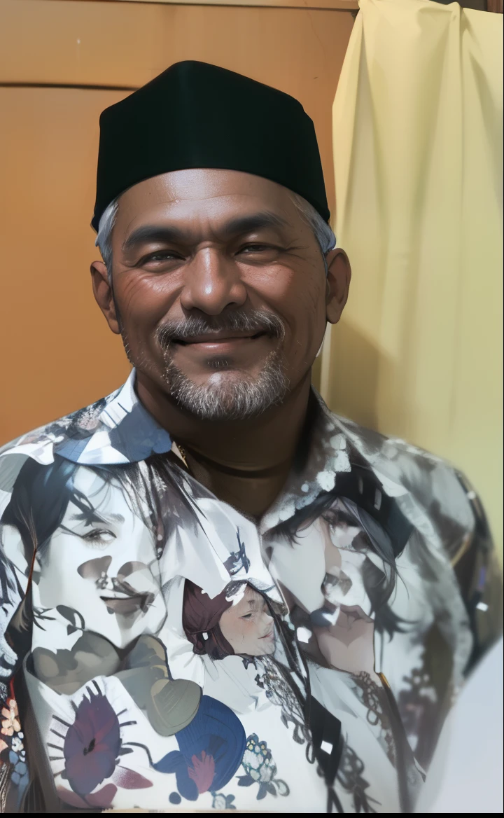 smiling man in a floral shirt and hat standing next to a man in a white shirt,Wearing a kopyah traditional Indonesian head covering, brown skin, 50 years old, portrait picture