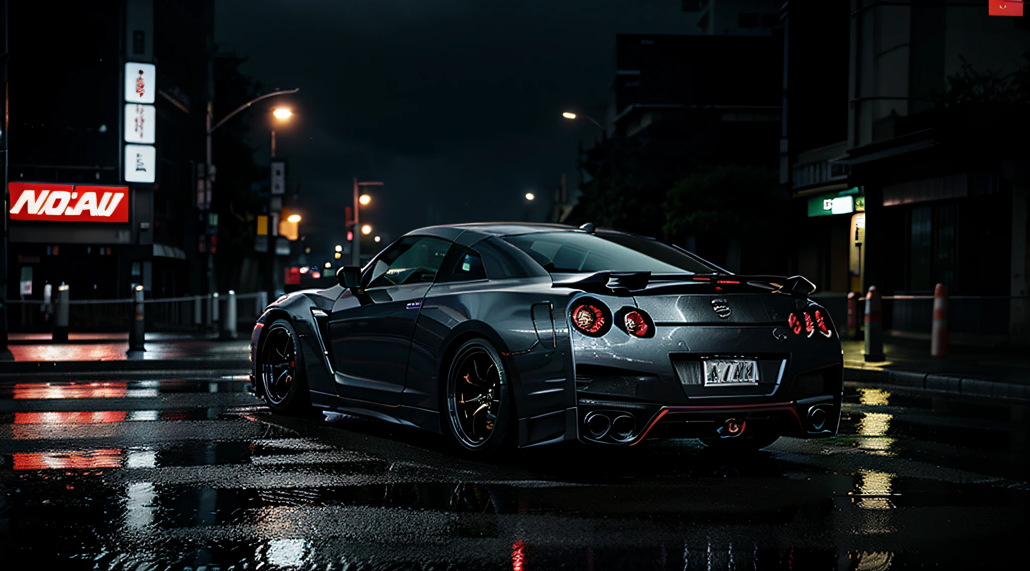 Modified Nissan GT-R, Tokyo rainy streets, photorealistic, dark themed