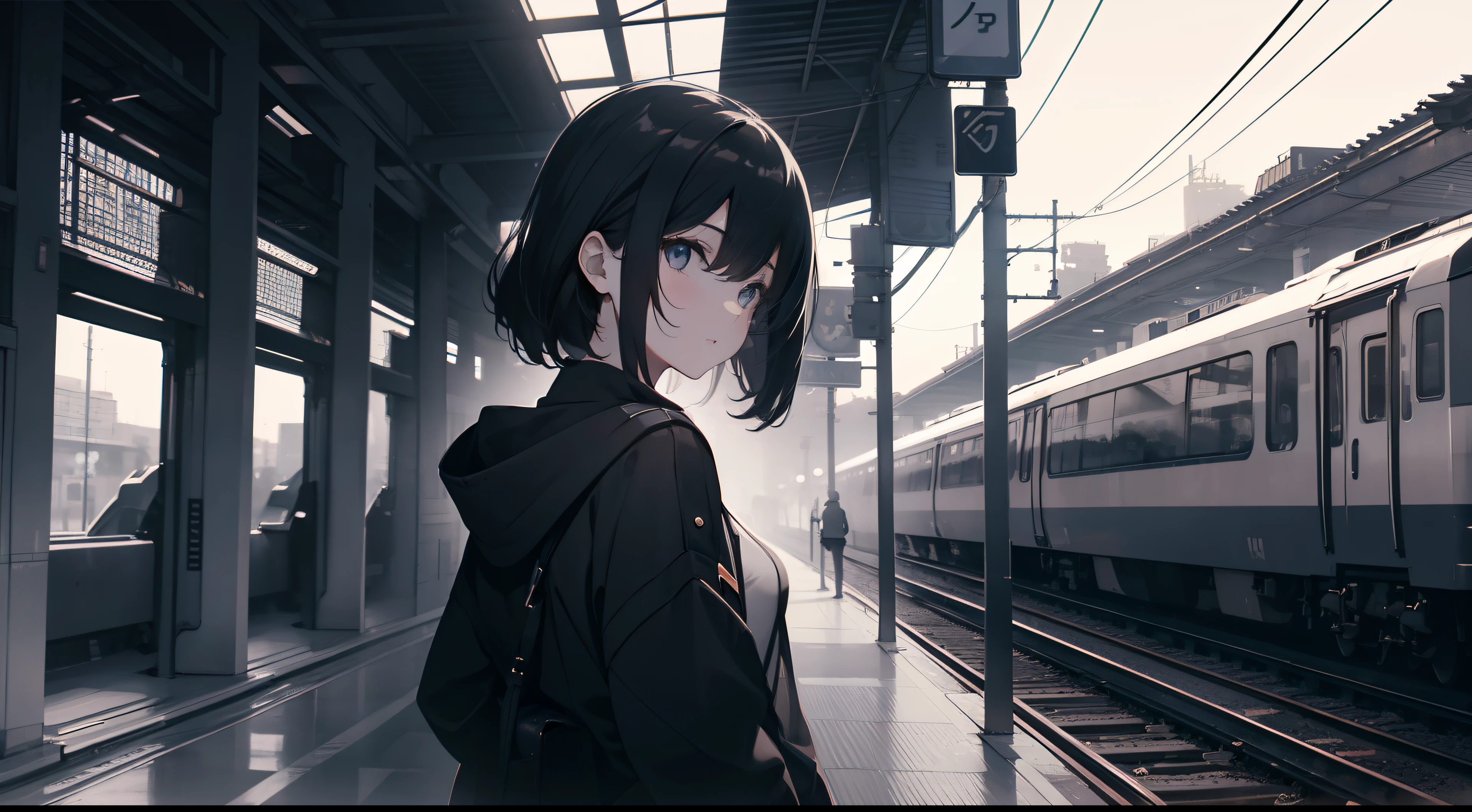 Cool girl, Upper chest shooting, Mono Color, Black, blue, The background is black, Everyday scenes, from back, Ao olhar para cima, vague background, trains