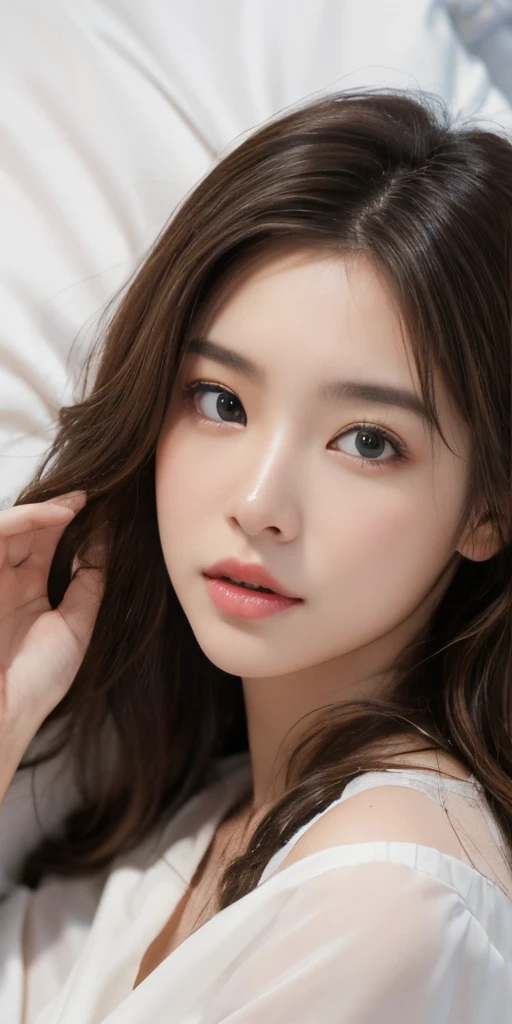 Photo of a girl 20 years old, raw, Height 175cm、Beautiful woman, (Extra long wavy brown hair), ((Portrait)), ((Detailed face:1.2)), ((detailed facial features)), (finely detailed skin), (White-colored skin:1.5), , wrapped in a sheet, Bedroom environment, lying on the bed, (cold color), moist, moist, Reflectors, (masutepiece) (perfectly proportions)(photos realistic)(Best Quality) (Detailed) photographed in a Canon EOS R5, 50mm Lens, F/2.8, nffsw, (8K) (Wallpaper) (Soft lighting) 、(foco nítido) (Convoluted) Fashion, From  above