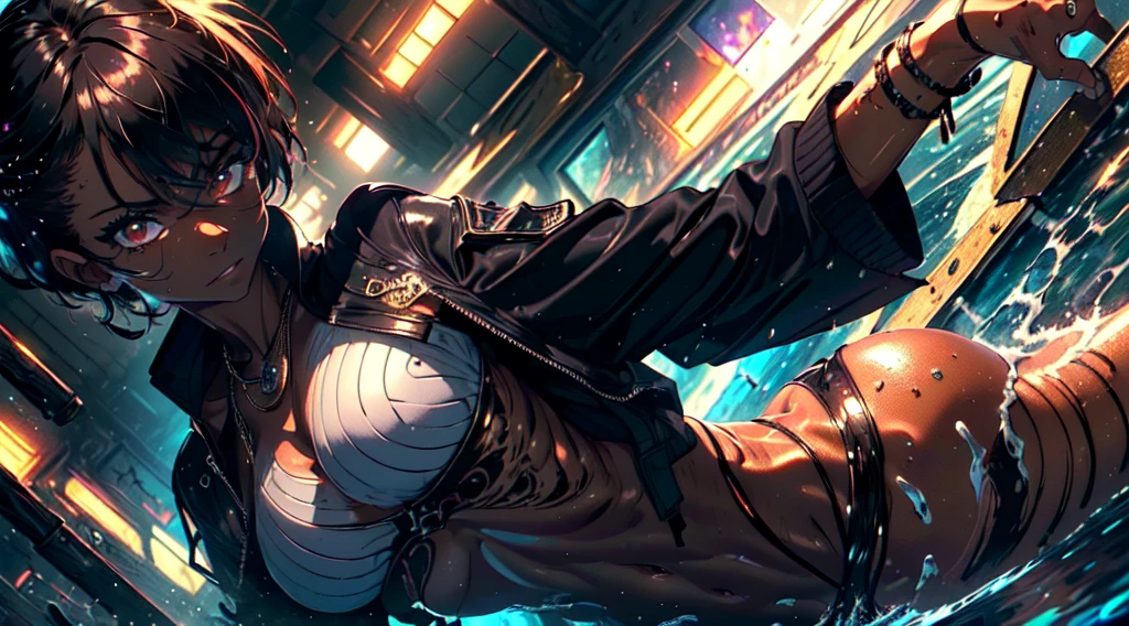absurdres, highres, ultra detailed, (1 girl: 1.2), (((dark tanned skin: 1.4))), abs: 1.3, round , black necklace shoker, unity 8k wallpaper, a woman, wet, water drops, sweat, Dynamism, cinematic shot, intricate details, (lifting jacket: 1.3), grab assvisible skin: 1.3), sexy ches, tease, playful expression, seductive pose, (masterpiece, ultra highres, detailed background:1.5), (intricate surroundings: 1.3), (elaborate scenery:1.3), (rich textures: 1.3), (detailed lighting: 1.2), (dramatic shadows: 1.2), (vivid color palette: 1.2), pool, body twisting, seductive pose, Dark hair, Short and ((Spiky) Pixie haircut), bright lighting, cyberpunk