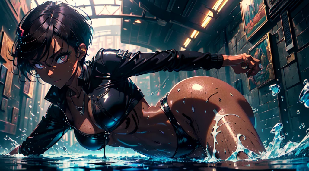 absurdres, highres, ultra detailed, (1 girl: 1.2), (((dark tanned skin: 1.4))), abs: 1.3, round ass, black necklace shoker, unity 8k wallpaper, a woman, wet, water drops, sweat, Dynamism, cinematic shot, intricate details, (lifting jacket: 1.3), grab ass, (visible skin: 1.3), sexy clothes, tease, playful expression, seductive pose, (masterpiece, ultra highres, detailed background:1.5), (intricate surroundings: 1.3), (elaborate scenery:1.3), (rich textures: 1.3), (detailed lighting: 1.2), (dramatic shadows: 1.2), (vivid color palette: 1.2), pool, body twisting, seductive pose, Dark hair, Short and ((Spiky) Pixie haircut), bright lighting, cyberpunk