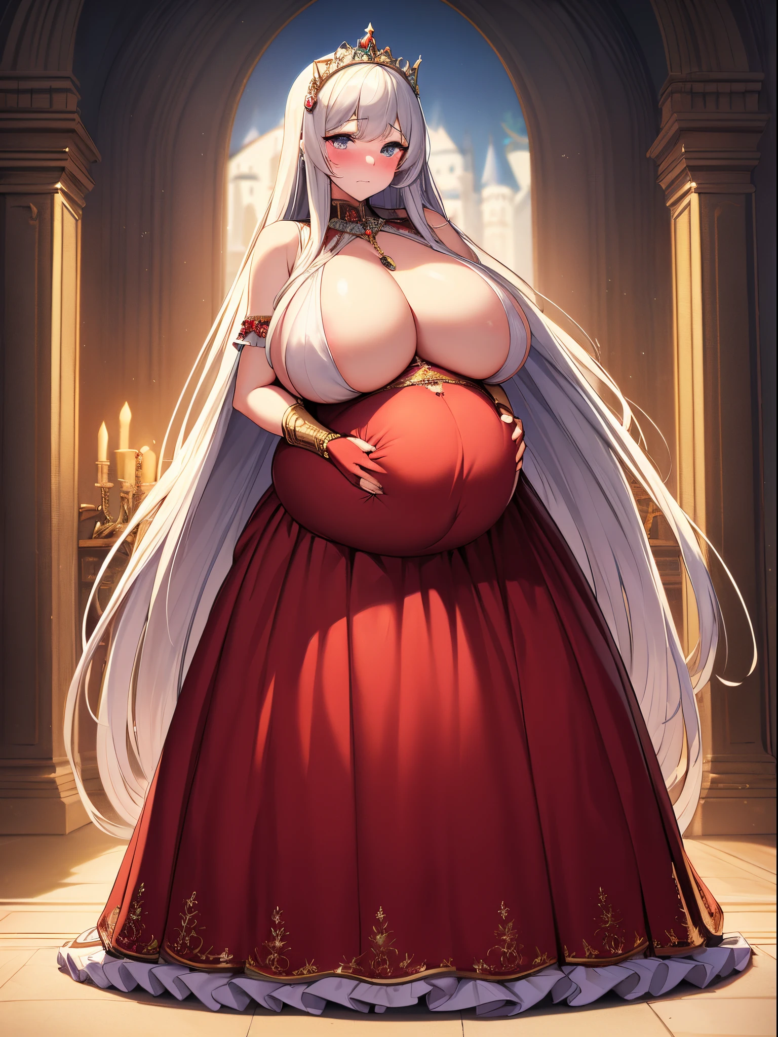 ultra-detailed, extremely detailed,((anime artstyle)),Masterpiece,(Best Quality),(Super Detail),(Very Delicate and Beautiful),((Solo)),(((full body))),full body,((detailed face and eyes)),perfect eyes, rendered eyes,jewel-like beautiful eyes,cry,((embarrassed,blush)),((1 pregnant princess in beautiful embroidery and jeweled gorgeous rococo ballgown with frilled voluminous full length hoop skirt)),(((heavily pregnant))),((Crinoline)),beautiful embroidery and jeweled gorgeous rococo ballgown with frilled voluminous full length hoop skirt,(large amount of straight hair,extremely voluminous Very Long straight Hair,Absolutely Long Straight Hair),sparkly skin,(((very gigantic boobs,skindentation))),Bursting breasts,cleavage,((fantasy castle,outdoors,outside the castle)),long_gloves,extremely gorgeousfull jeweled hair ornament,(bling-bling extremely gorgeousfull jeweled tiara),(luxurious jewelry),full body,beautiful embroidery and jeweled gorgeous rococo ballgown with frilled voluminous full length hoop skirt