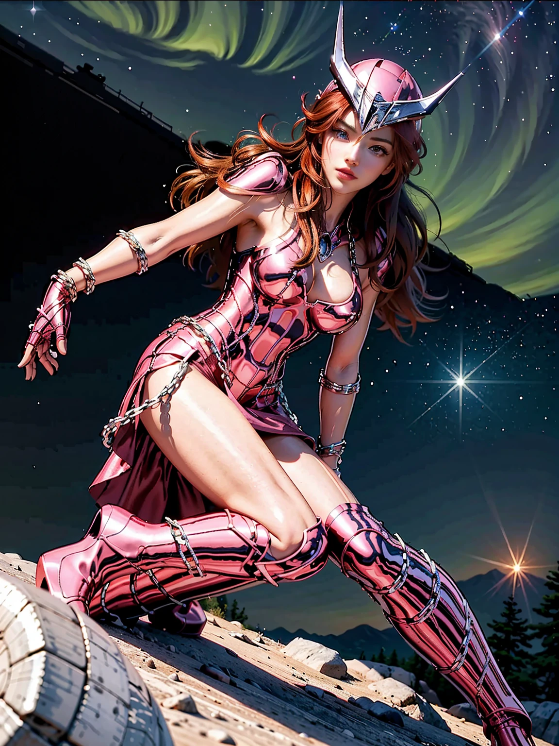 masterpiece, best quality, ultra high res, realistic skin texture, armature, photorealistic, high resolution, raw photo, shiny skin, realistic skin texture, best lighting, sparkle, dramatic lighting, dynamic pose, Greek temple background, night sky, cosmos, milky way, 1girl, balanced eyes, Andromeda Shun, pink armor, roman skirt plate, breast plate, cleavage, red hair, pink helmet, blue eyes, looking at viewer, large breast, slight smile, chains