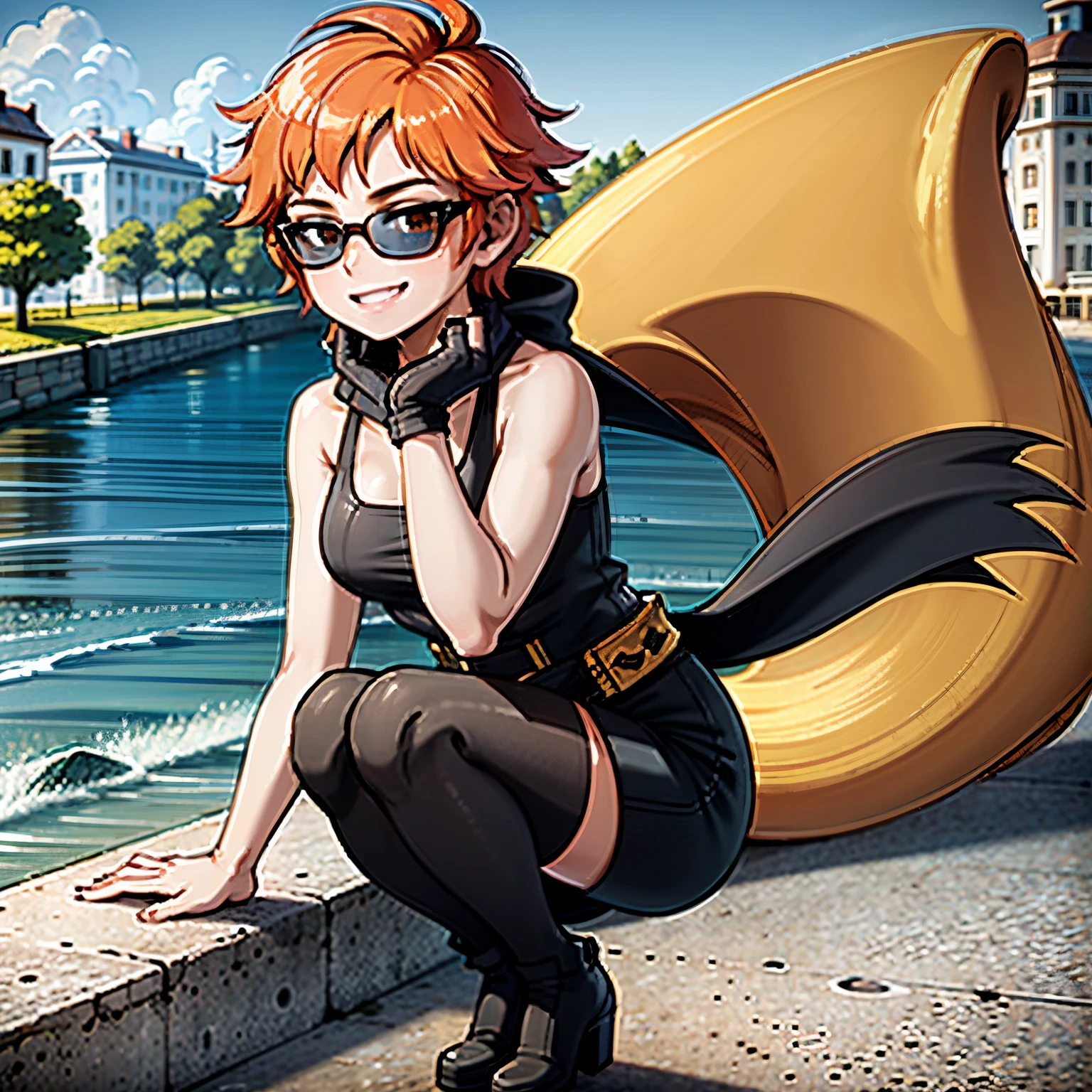 Young girl, orange hair, wearing black scarf, white dress, black boots, wearing sun glasses, in europe, london streets, tourist, tamisa river in background, smilling, full body in art, 4k, masterpiece, good anathomy