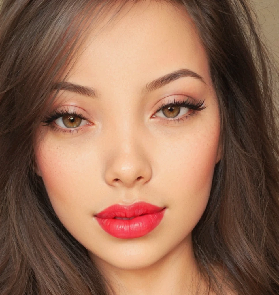 a close up of a woman with long hair and red lipstick, light-red lips, portrait sophie mudd, red lipstick on face, thick red lips, coral lipstick, bright red lipstick, faint red lips, red lips, miranda cosgrove, small and thick red lips, wide golden eyes and red lips, sexy lips :5 stylish, luscious red lips